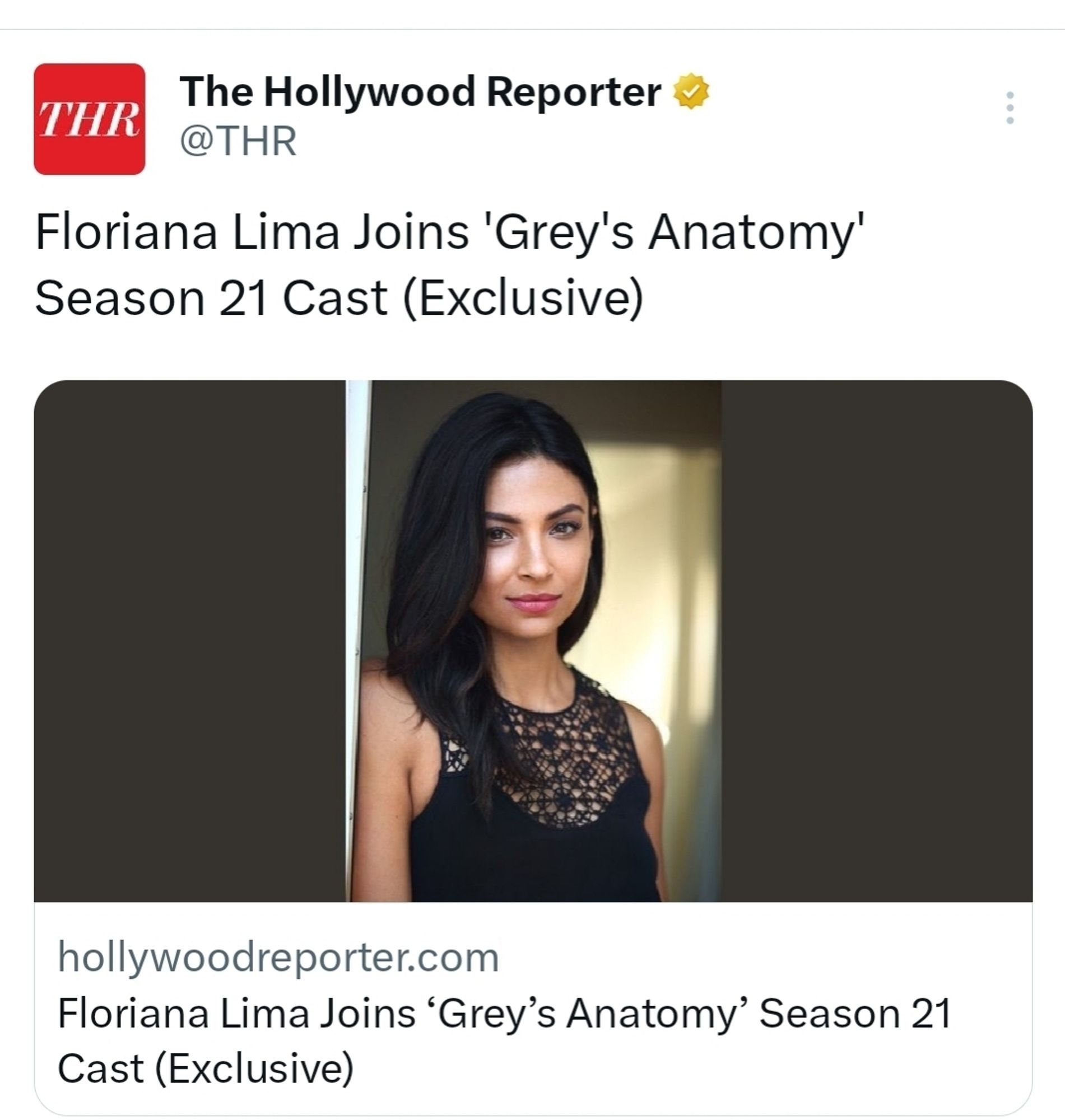 A screenshot of The Hollywood Reporter tweet with headline of Floriana Lima joins Greys Anatomy Season 21 cast (Exclusive).