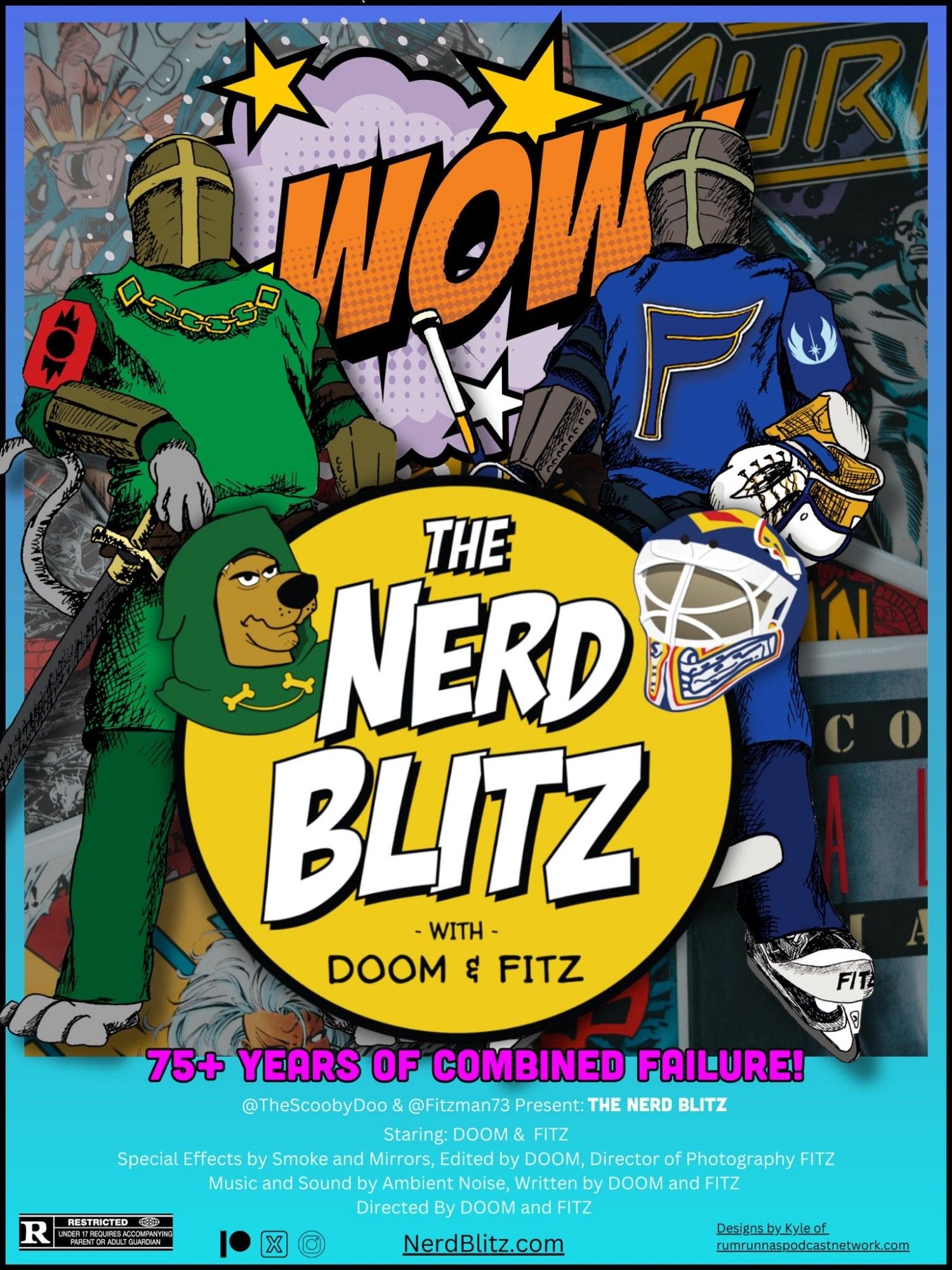 A bombastic, colorful movie style poster for The Nerd Blitz With Doom & Fitz, a comedy Podcast.