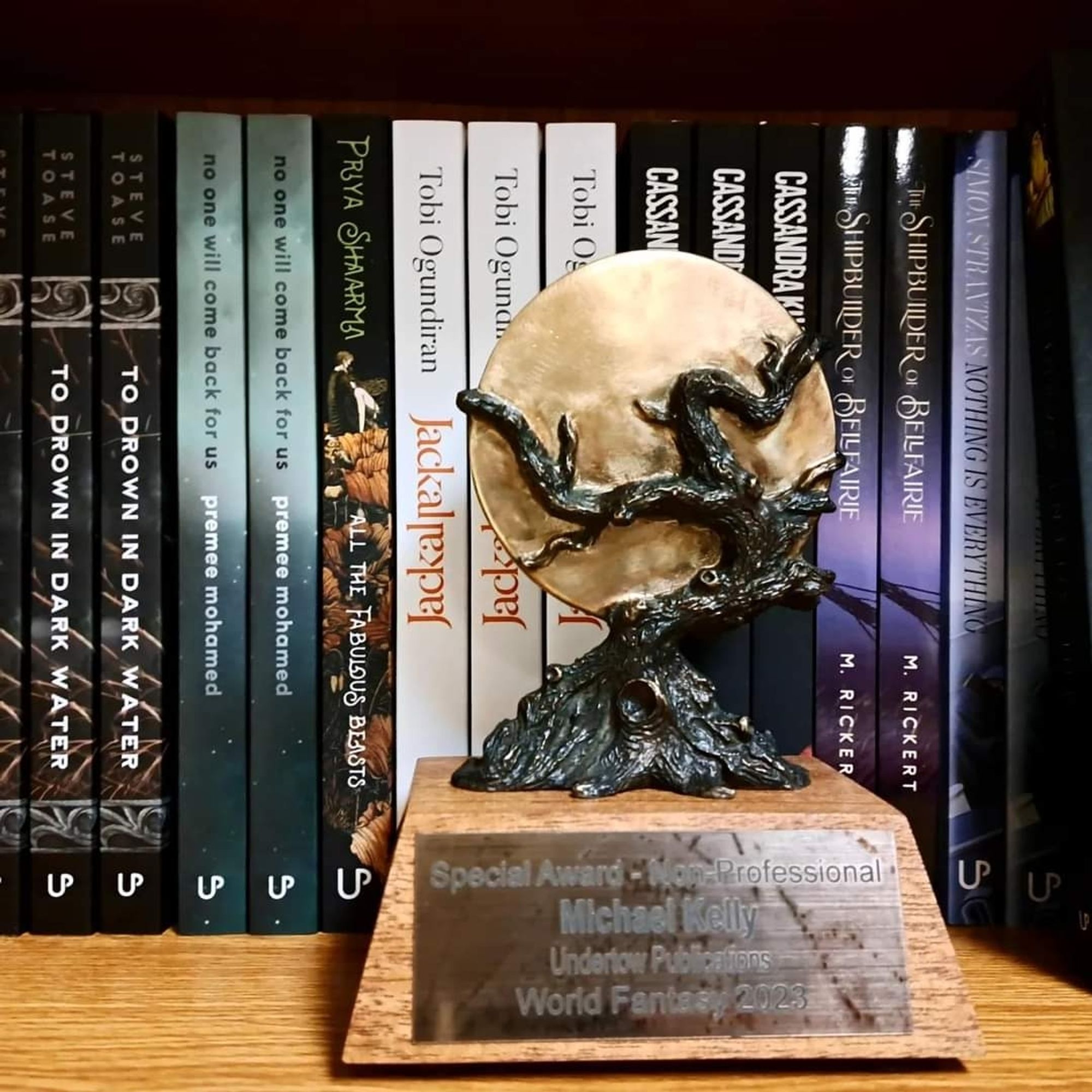 World Fantasy Award on a bookshelf.