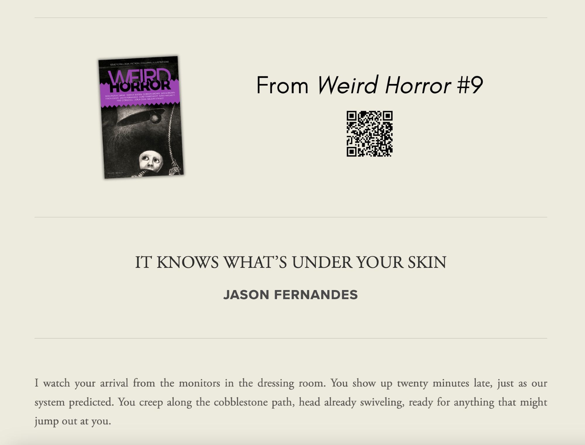 Screengrab of web page showing story "It Knows What's Under Your Skin". and book cover with QR code for Weird Horror