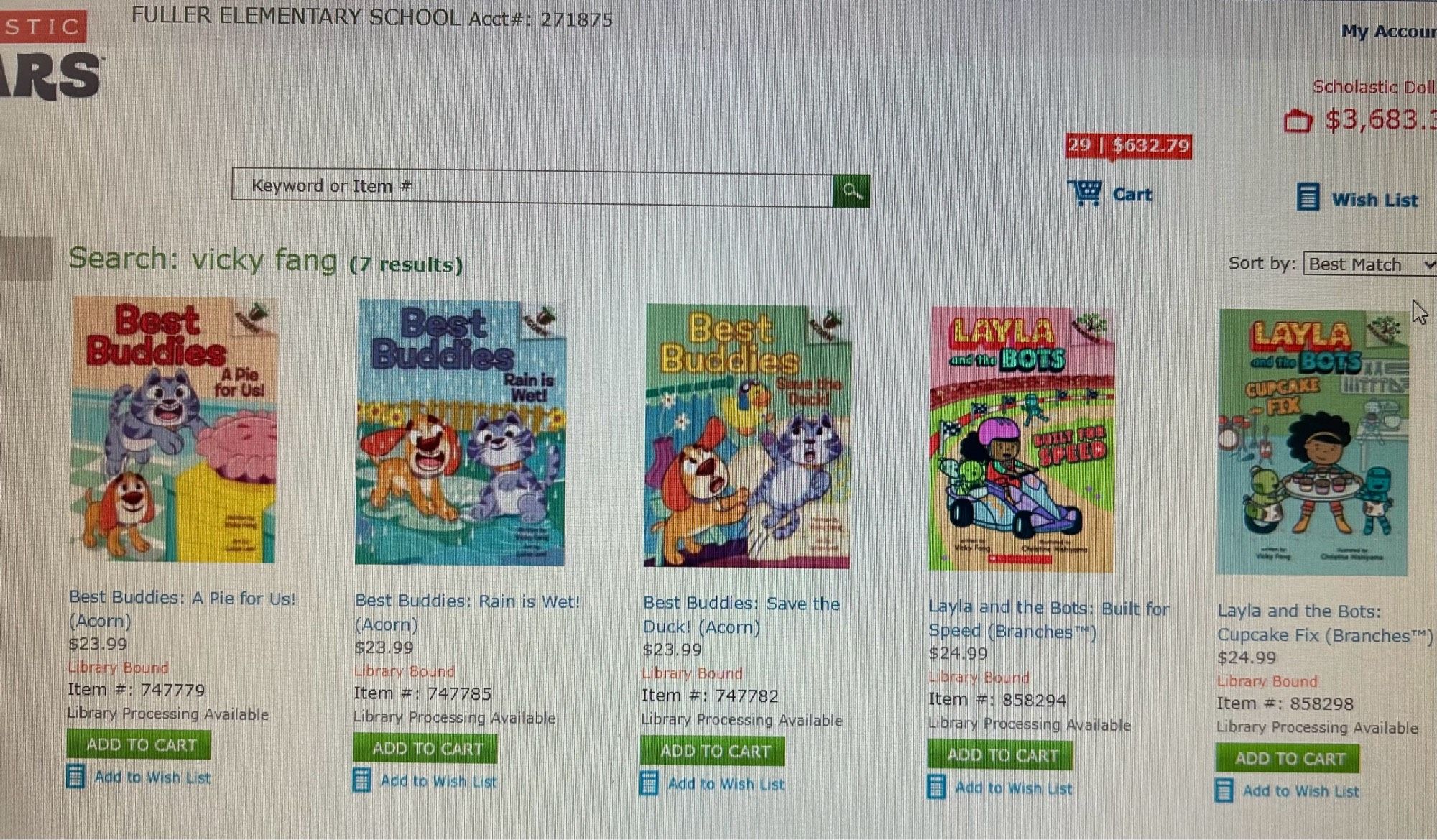 A screenshot of the 5 Vicky Fang titles available in the Scholastic Dollars Catalog.