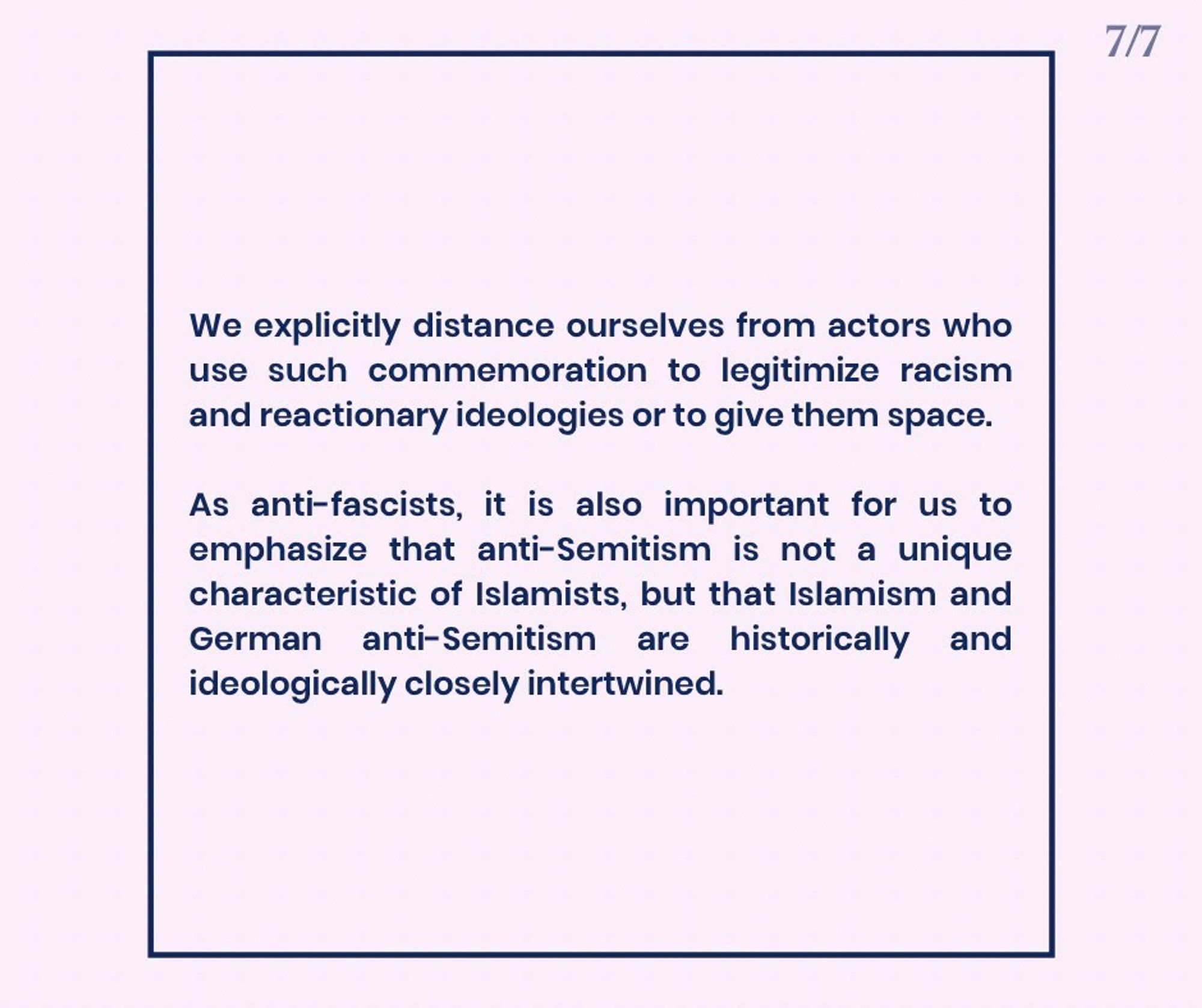 *We explicitly distance ourselves from actors who use such commemoration to legitimize racism and reactionary ideologies or to give them space.

As anti-fascists, it is also important for us to emphasize that anti-Semitism is not a unique characteristic of Islamists, but that Islamism and German anti-Semitism are historically and ideologically closely intertwined.