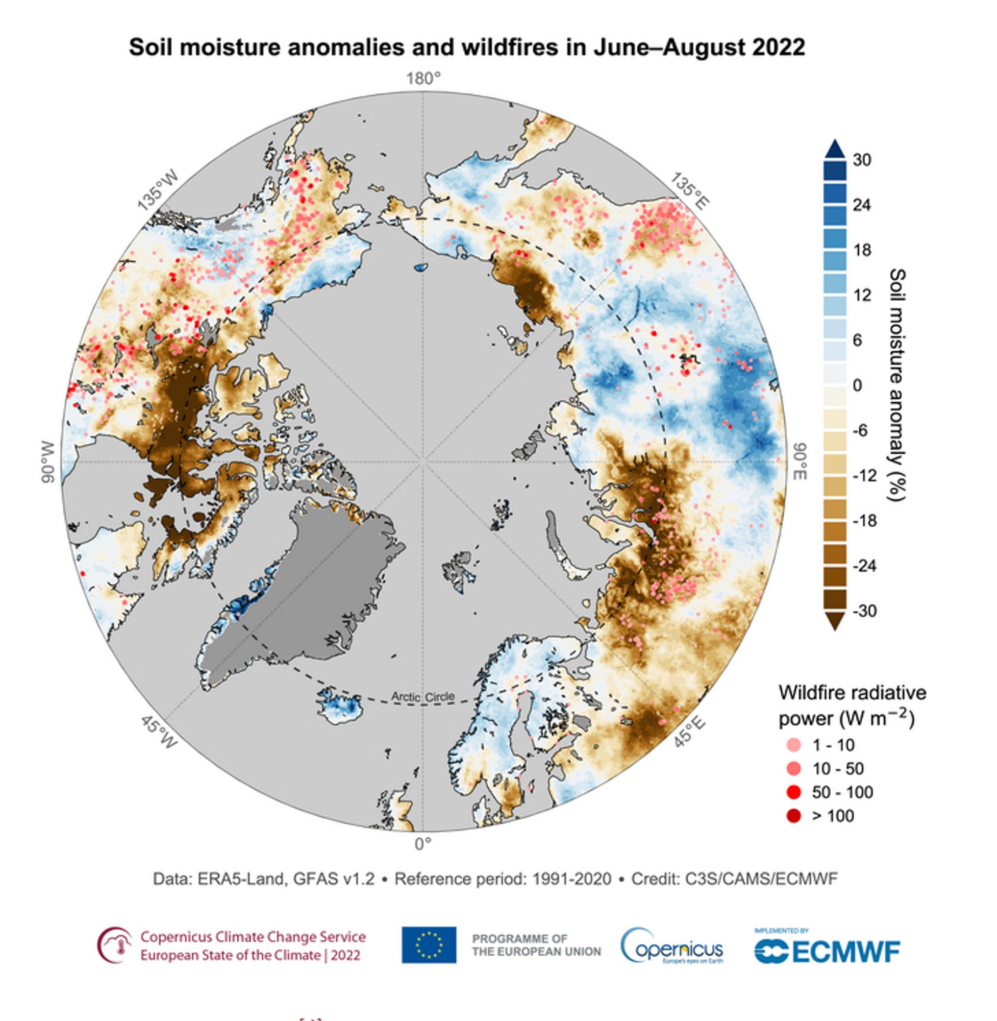 Map showing soil moisture anomalies and wildfires from June to August 2022. Large parts of the Arctic were extremely dry while wildfires where wide spread.

Source: https://climate.copernicus.eu/esotc/2022/arctic-wildfires