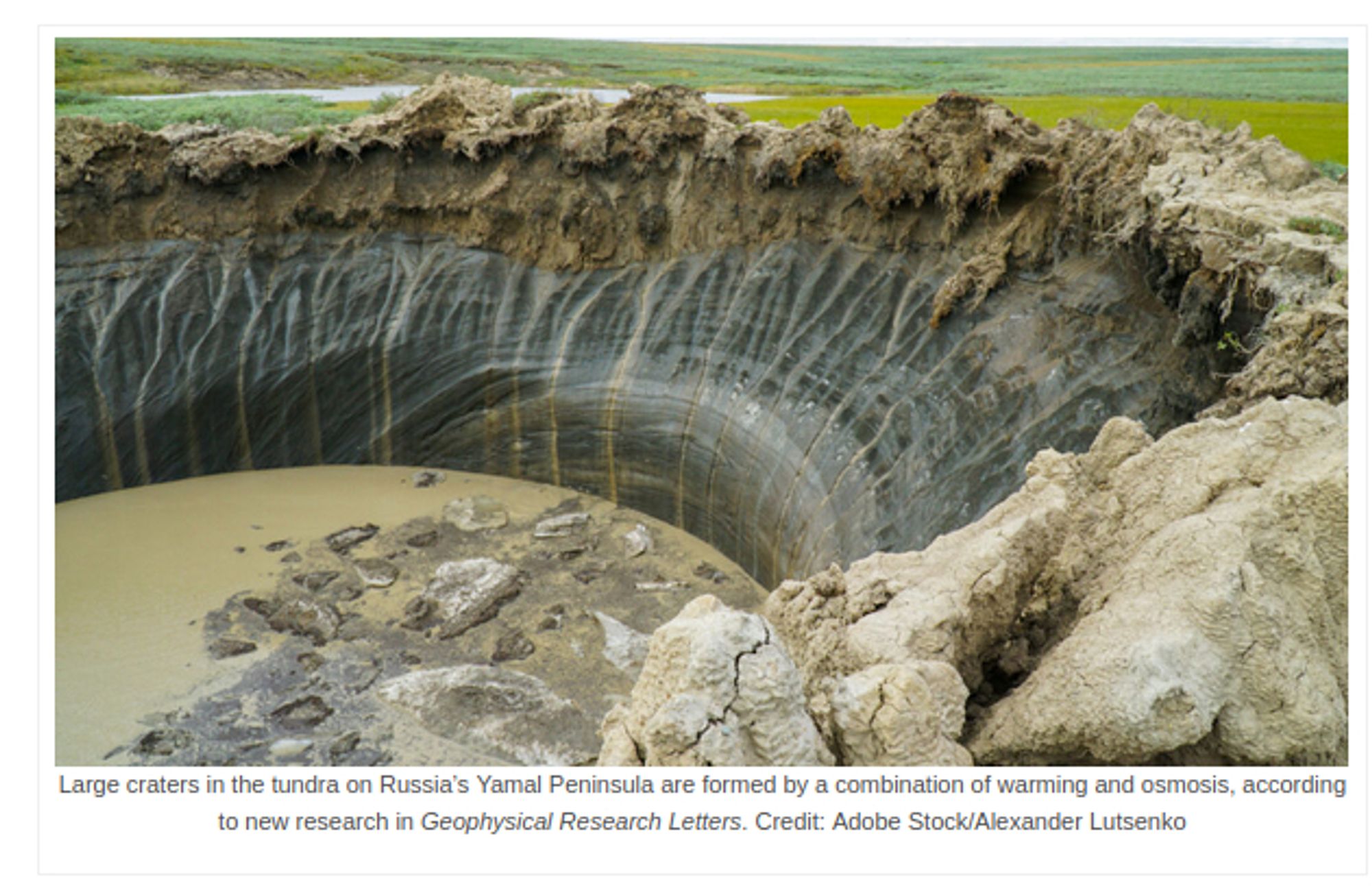 Crater of a methane blow out in the Yamal Peninsular where a major share of the Russian oil and gas exploration takes place in Siberia.