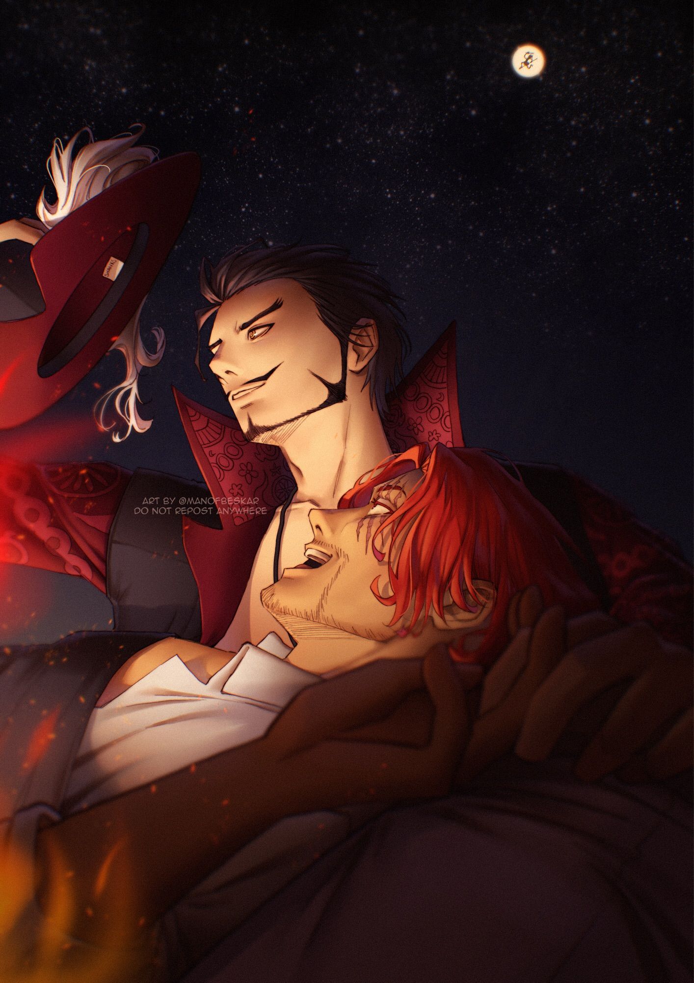 fanart of mihawk and shanks from one piece. low angle shot of shanks lying in mihawk’s lap, his head resting on mihawk’s thigh. on mihawk’s knee in the foreground, he and shanks are loosely holding hands. mihawk and shanks look off to the left, smiling. mihawk is taking his hat off to reveal shanks’s vivre card in the inner band. it’s nighttime at a campfire, with stars above them. nika is in front of the small moon in the sky.