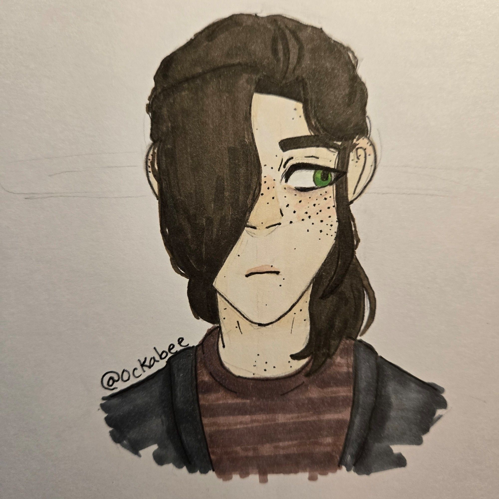 A traditional bust shot drawing of a young man with pale skin, black hair covering his right eye, and one visible green eye. Freckles cover his face and his hair is up in a ponytail that goes a bit past his neck. He wears a faded copper colored shirt wirh a dark gray jacket.