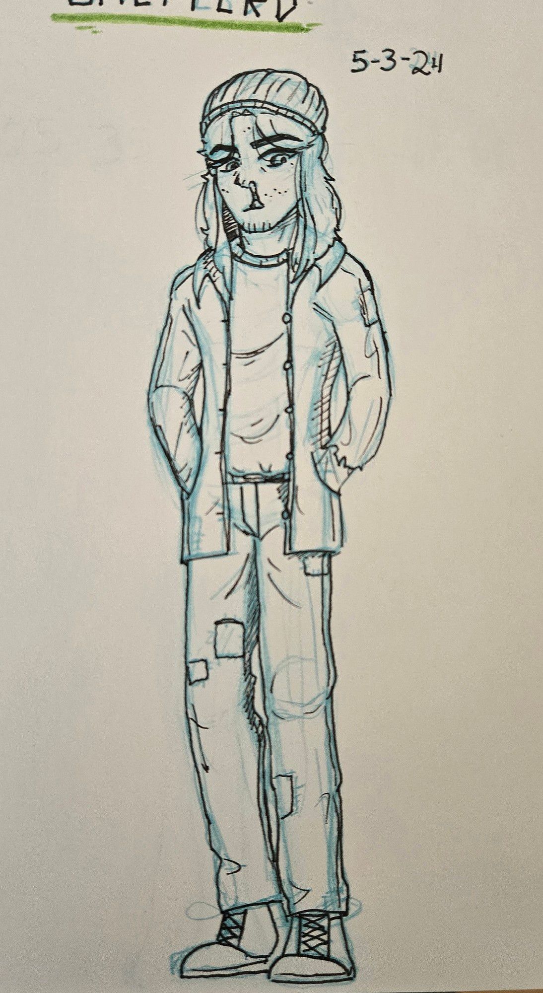 A full body drawing of the same young man, who is wearing a roughed up outfit consisting of a shirt, flannel jacket, and slightly baggy jeans. Both the jacket and pants have tears and patches on them.