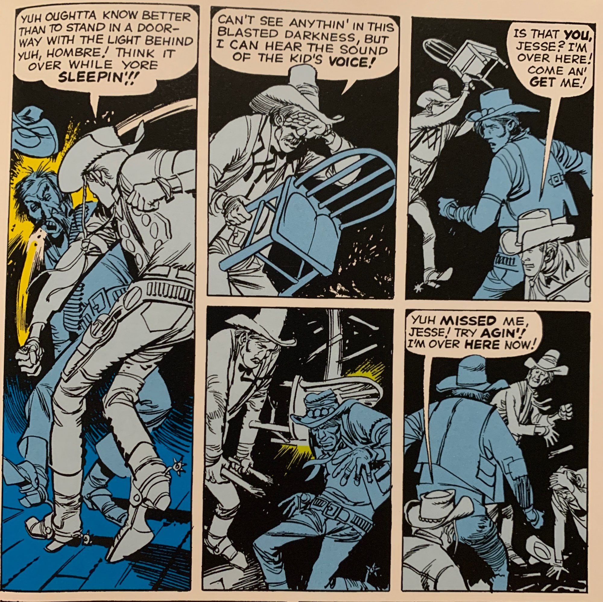 A five-panel sequence from Marvel’s Rawhide Kid #33, by Jack Davis, of the Kid fighting Jesse James’ gang in the dark