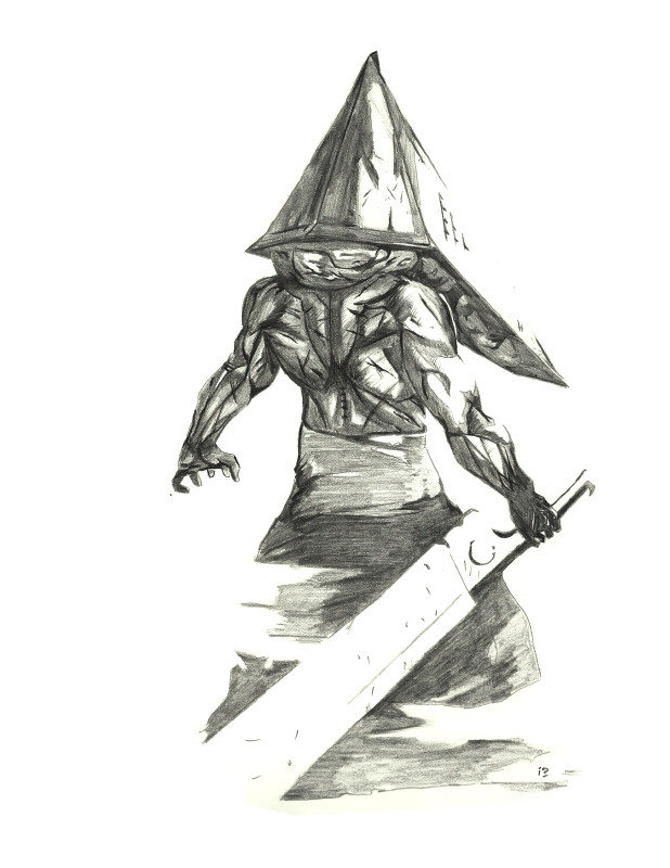 A pencil drawing of Silent Hill 2's Pyramid head. He is facing away from the viewer. Some of the details of the like the helmet and sword are in negative space to give a sense of the fog that fills Silent Hill