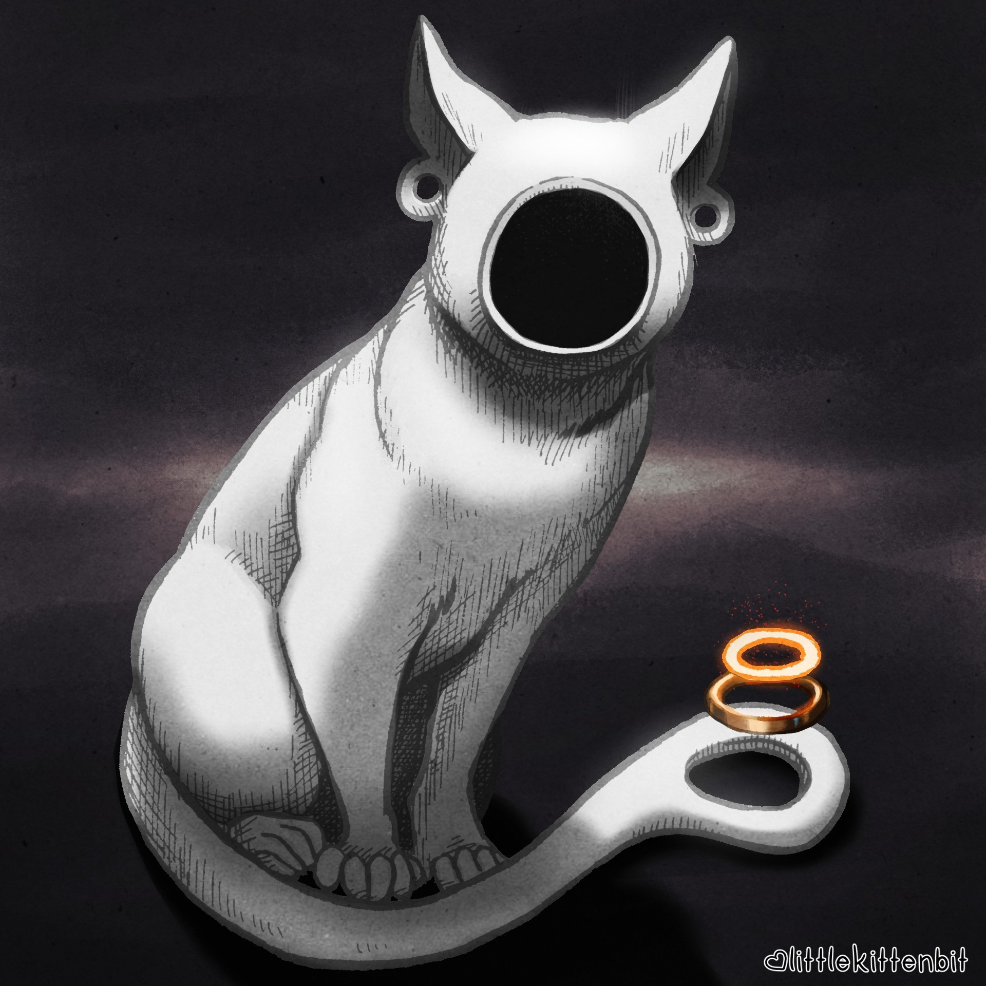 Line art by littlekittenbit and colors by ionwhat
Lkb's OC Thought a cat like creature with a hole where it's face would be and a ring at the tip of it's tail