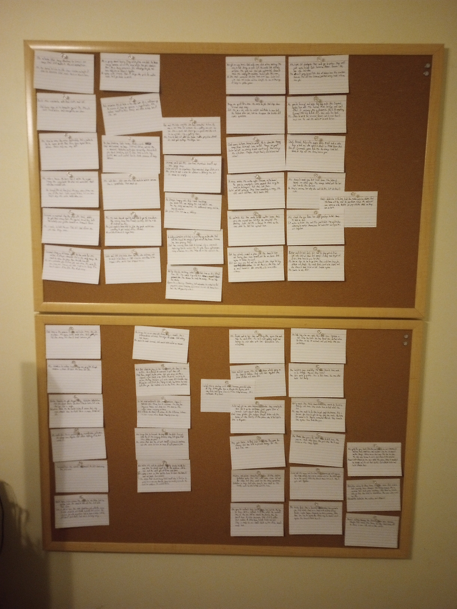 Index cards on a corkboard, laying out the story for an in-development novel.