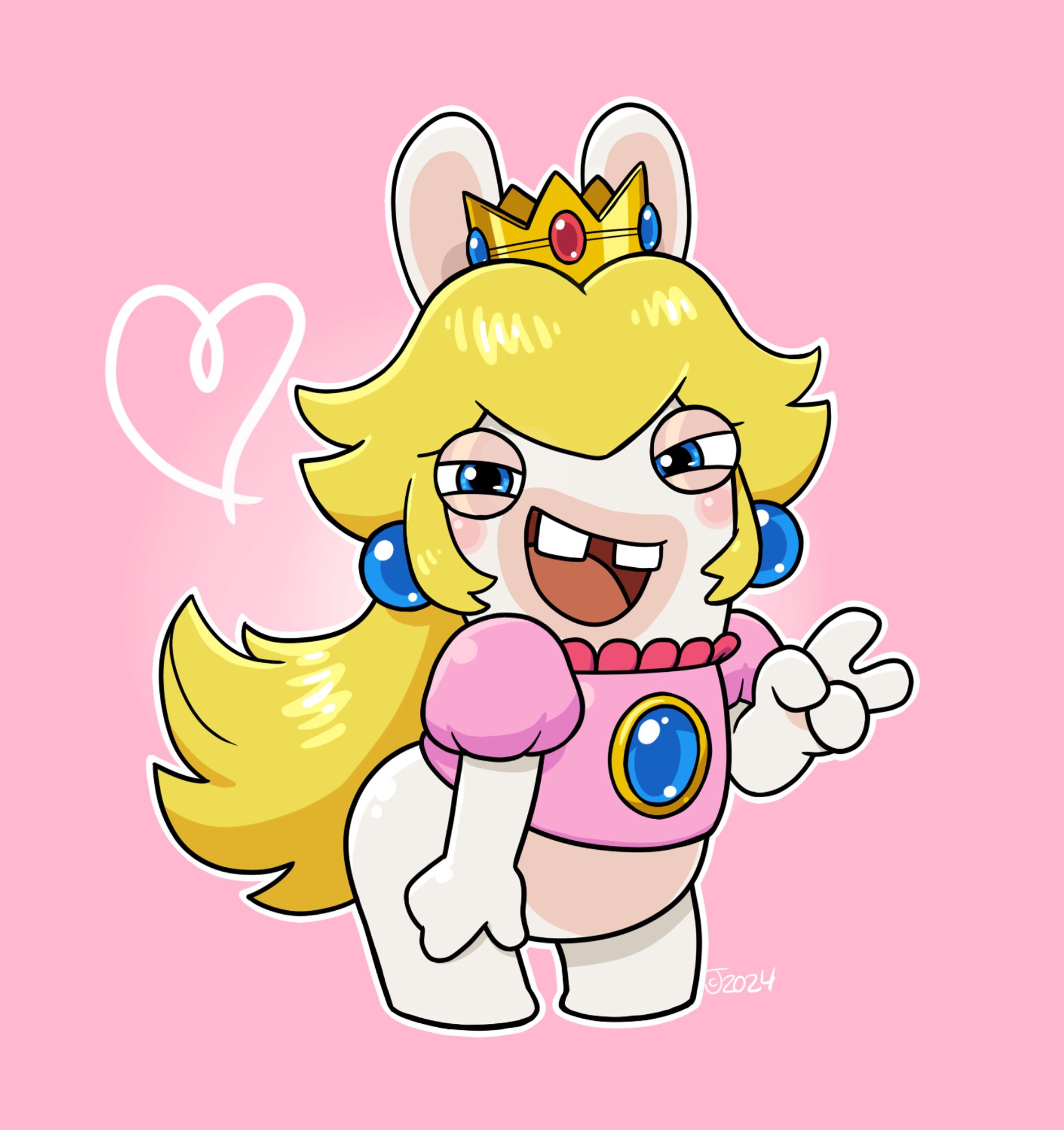 A drawing of Rabbid Peach leaning forward and making a peace sign. She is drawn close to her official look