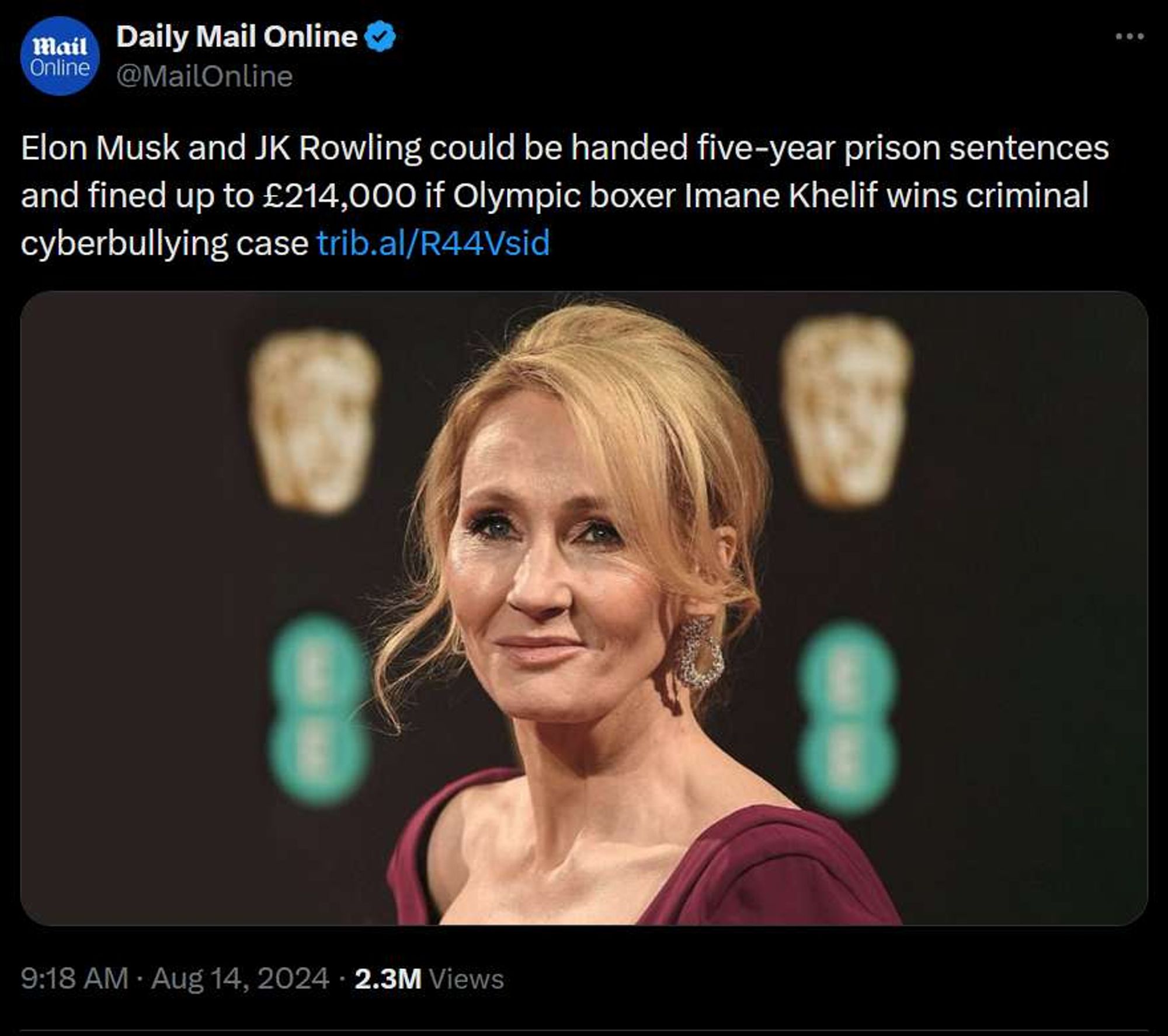 a british hitlerite outlet reports that musk and rowling could be sentenced to 5 years in prison and up to 214k pounds in fines if imane khelif wins her defamation case