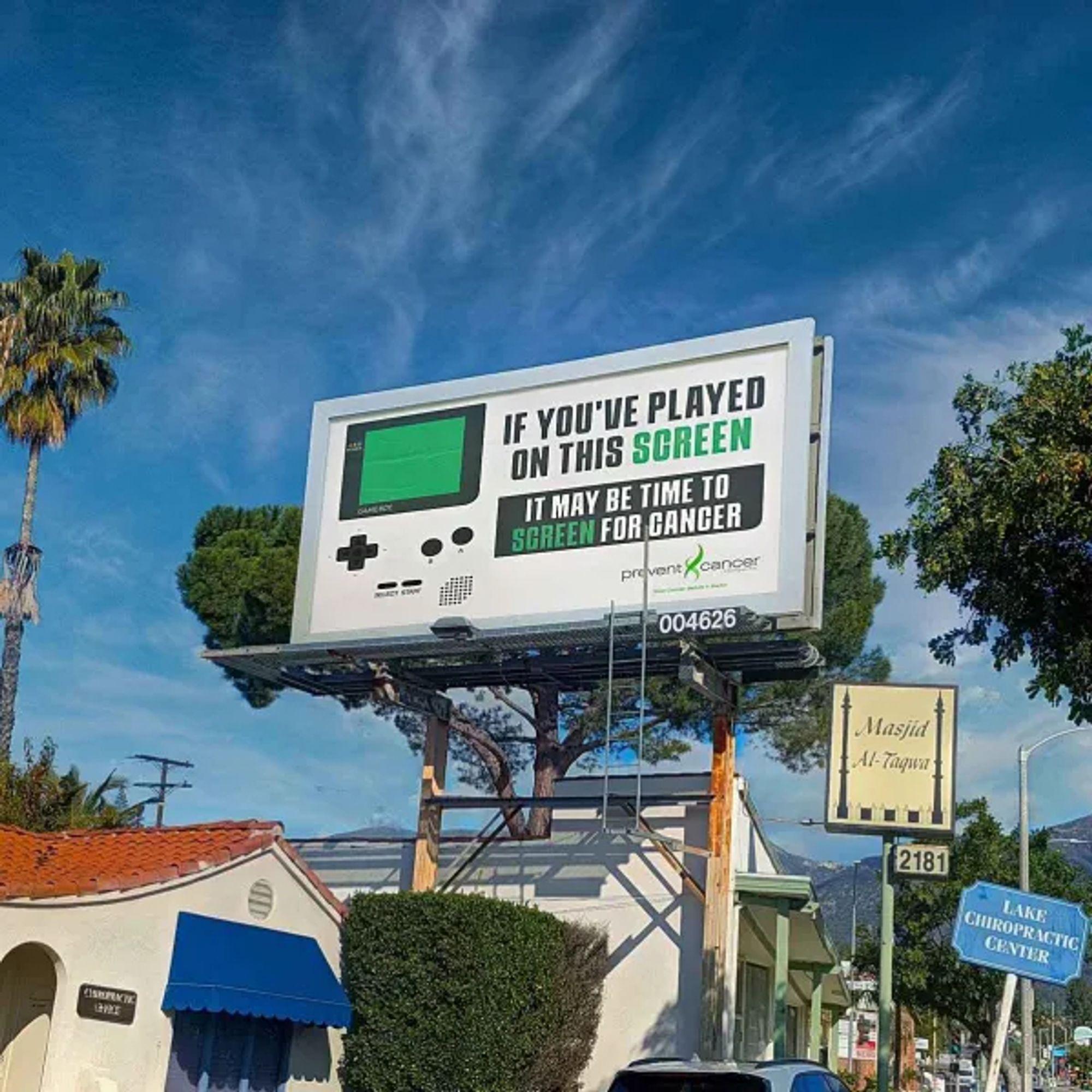 sign board of a cancer prevention org that shows a gameboy, reading: "if you've played on this screen, it may be time to screen for cancer"