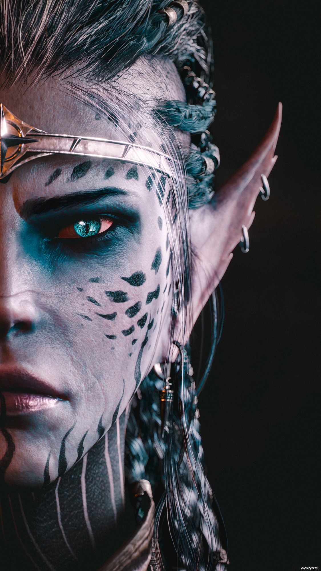 a head shot of a blue githyanki, focusing on the left part of her face, on a black background. she has a determined expression and striking blue slitted eyes