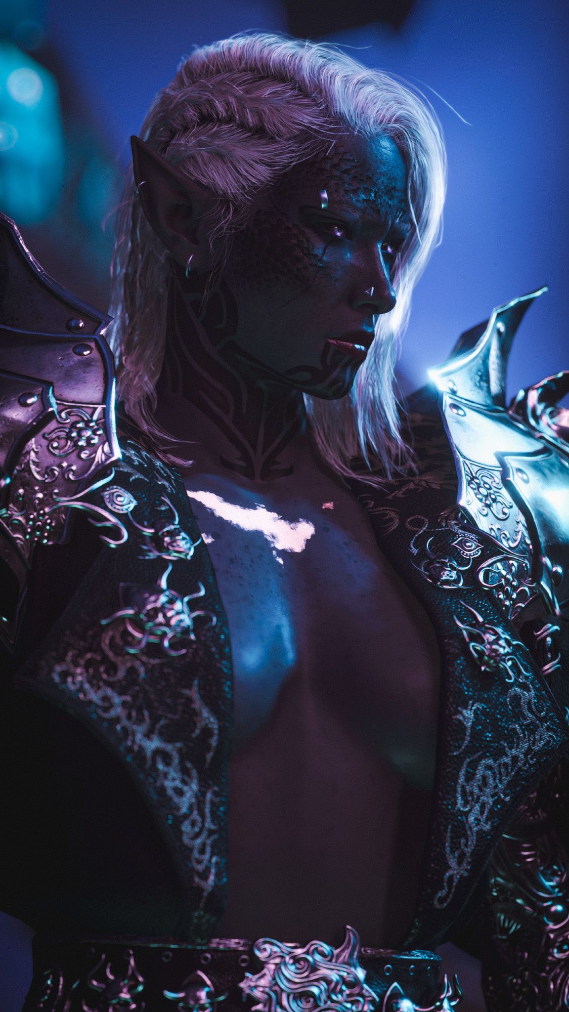 a bulky drow woman with white hair, piercing purple eyes, wearing a black and silver armoured coat left opened leaving her chest exposed is looking to the right, showing her profile