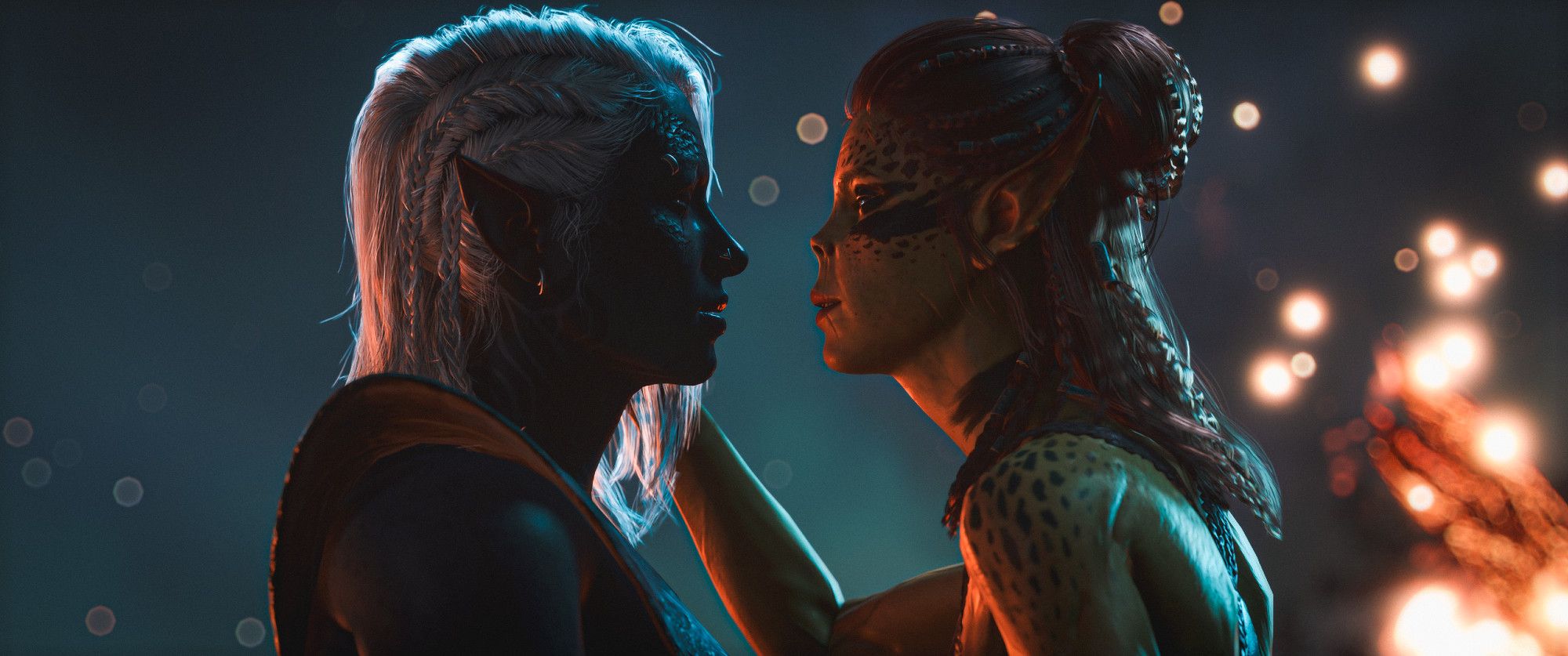 a drow woman with white hair and dragon scale about to be kissed by Lae'zel, a githyanki woman in front of a bonfire from which the embers floating away are creating bokeh spots in the background