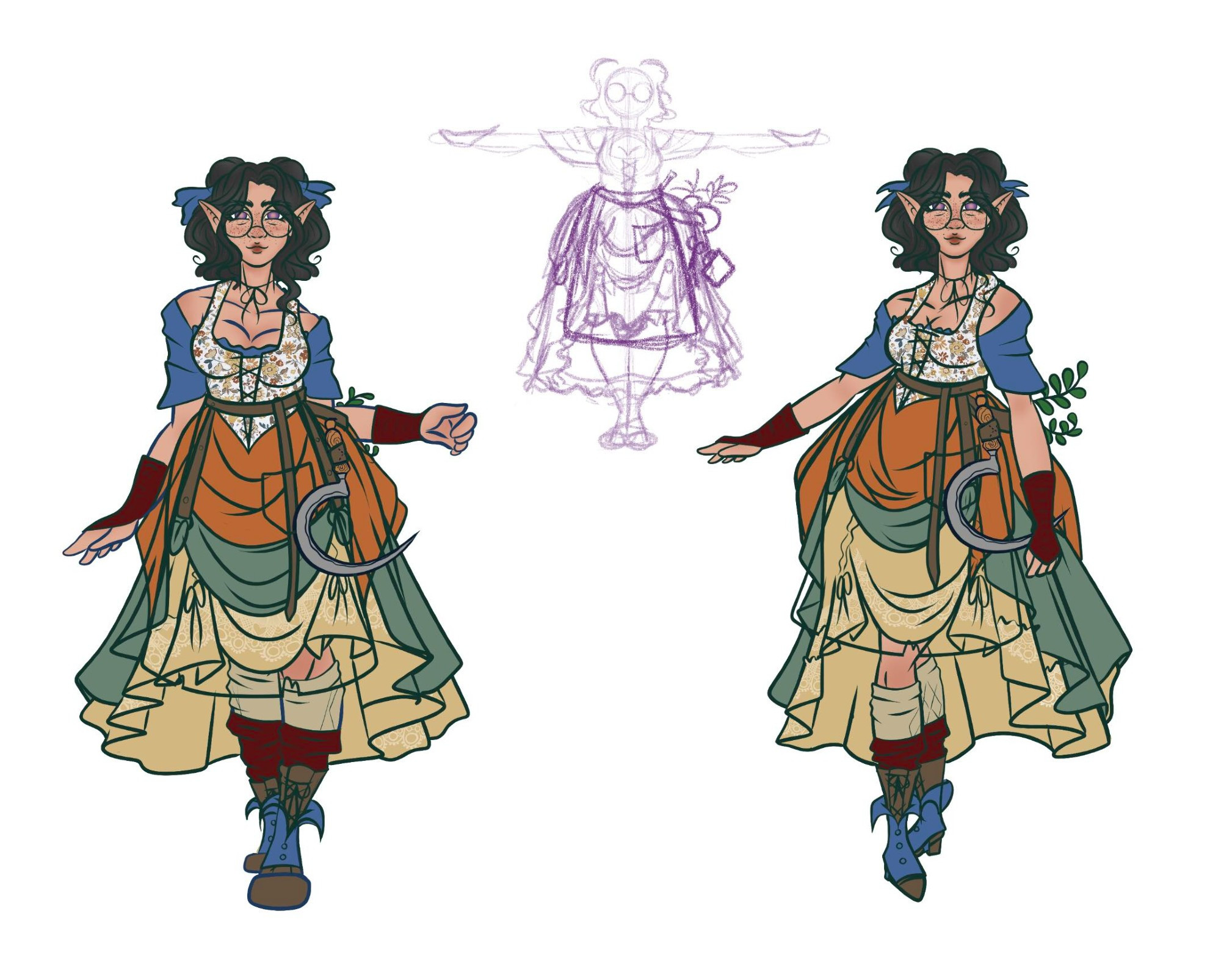 A concept sketch of a half-elf woman.  She is dark haired with purple eyes and pointed ears.  Her clothes consists of many layers and light, muted greens, oranges, blues, and yellows!