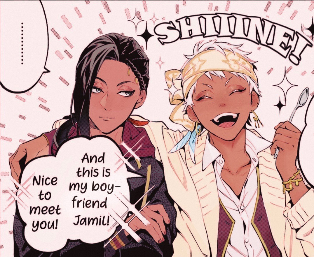 A panel from the twst manga edited so that Kalim says “and this is my boyfriend Jamil!” Jamil and Kalim are also colored in and Jamil has been edited to look and smile at Kalim.