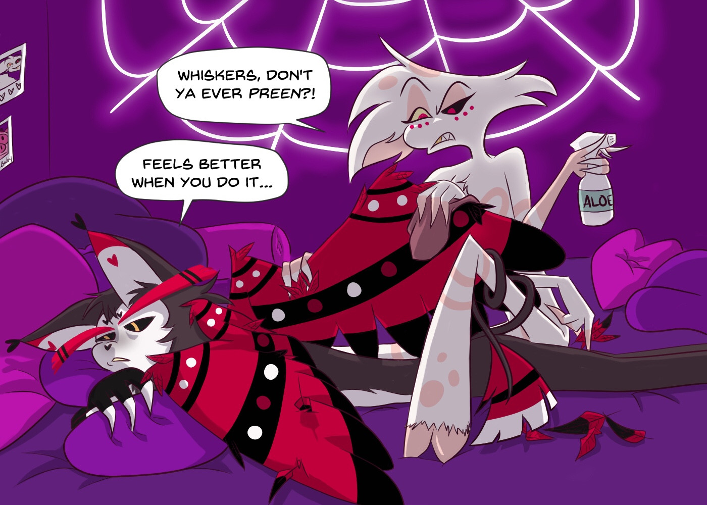 A digital drawing of Angel Dust and Husk from Hazbin Hotel. They are in Angel’s room in low lighting, and Angel is preening Husk’s wings while Husk lies down on his stomach on a pillow. Angel is wiping Husk’s wings with a cloth and holding a spray bottle that says “Aloe.” The speech bubbles read:
Angel: Whiskers, don’t ya ever preen?
Husk: Feels better when you do it…