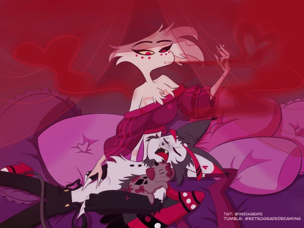 Digital art of Angel Dust and Husk from Hazbin Hotel. Angel is sitting, smoking a cigarette with red smoke. Husk is lying on his back, asleep in Angel’s lap. Angel is holding his hands and Fat Nuggets is sleeping in the crook of Husk’s other arm. They are surrounded by several pink and purple pillows, and sheer red curtains hang down to frame them. 