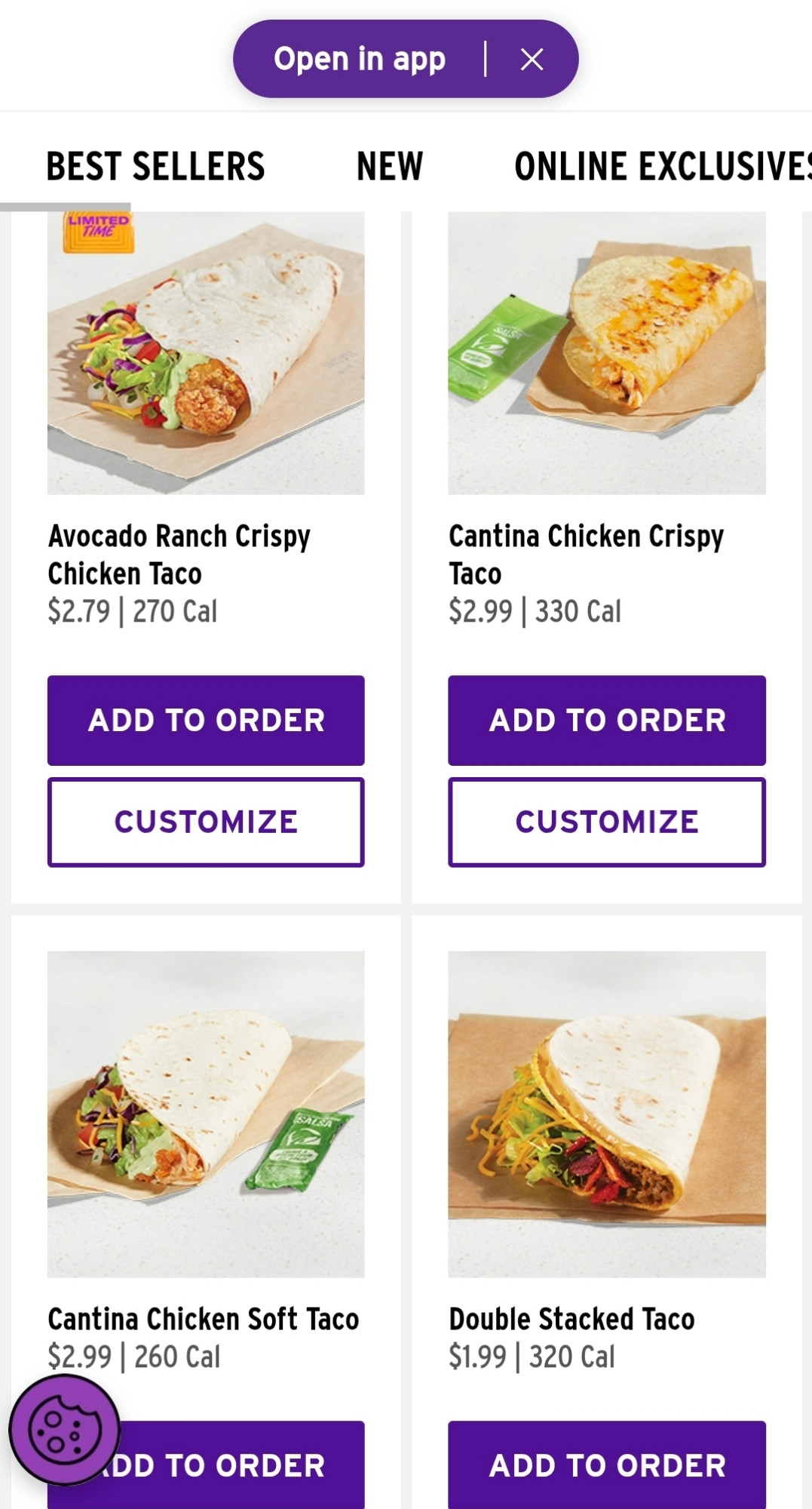 Taco bell menu screenshot for my area- avocado ranch chicken taco $2.79, cantina chicken hard taco $2.99, cantina chicken soft taco $2.99, double stacked taco $1.99.