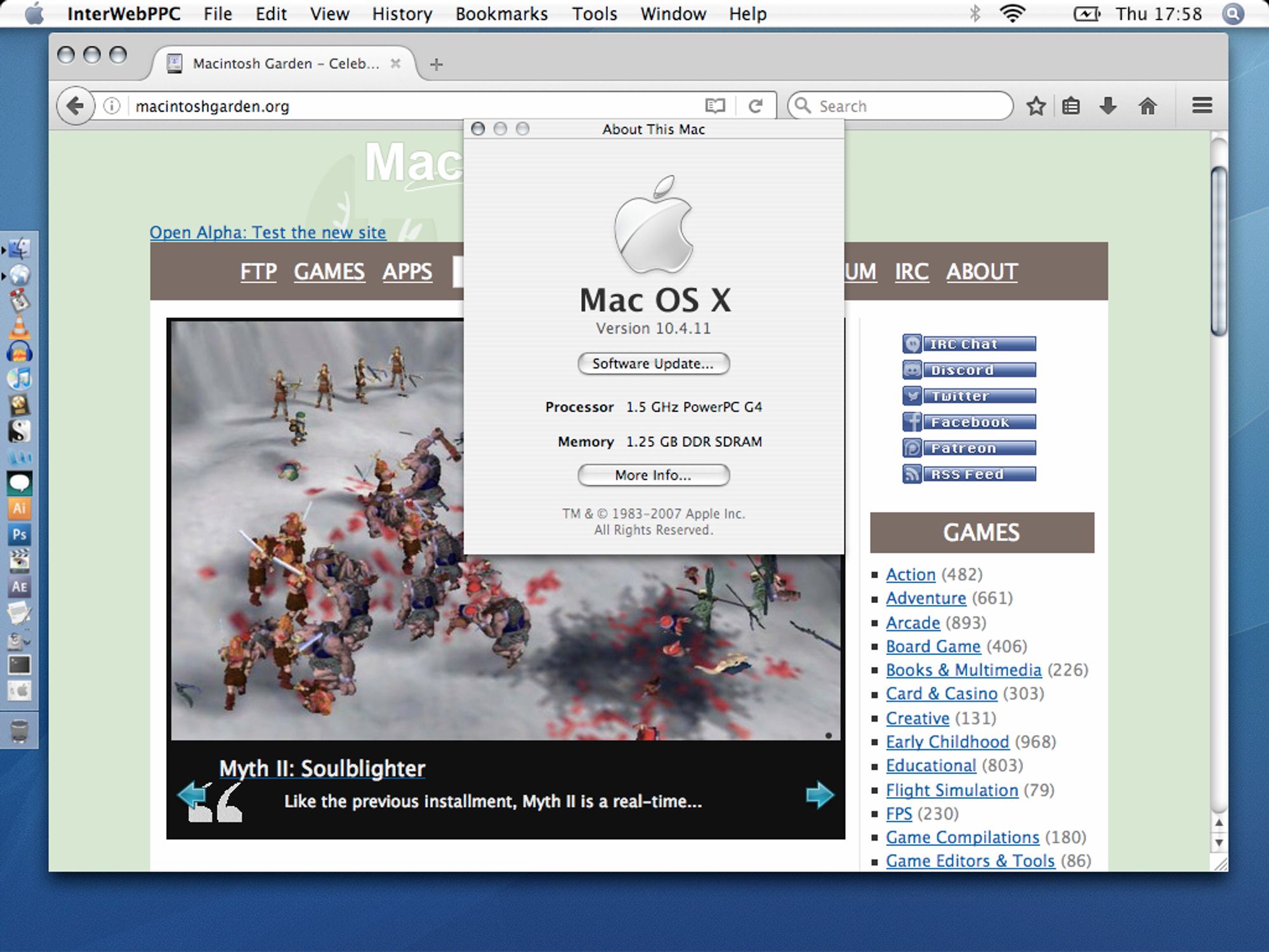 1024x800 screencap of Mac OS X 10.4.11 Tiger running InterWeb PPC browser to display the MacintoshGarden.org webpage.  The 'About This Mac' window is in the foreground; 1.5 GHz PowerBook G4 with 1.25 GB RAM