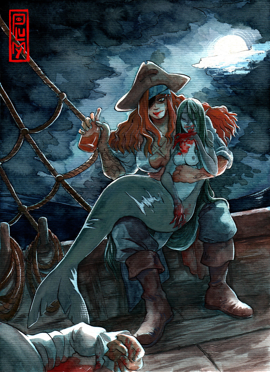 a pirate woman on a boat holding a shark mermaid on her lap. the shark mermaid is liking her hand full of blood and you can see the arm on someone dead on the floor. the pirate captain also have blood on her lips. 