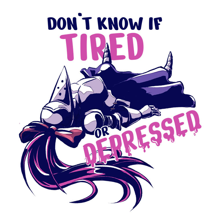 Drawing of armor Chan, a girly knight with a ponytail hold with a big ribbon instead of the panache and a big skirt. She is lying on the floor with the text "don't know if tired or depressed"