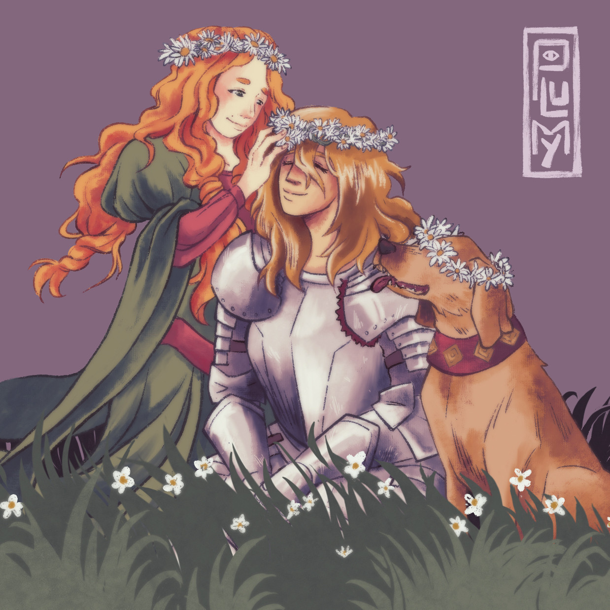 Drawing of 2 woman and a dog sitting in the grass. Woman on the left is a lady with long green dress and long ginger hair. The other wear and armor and have her eye closed. There is also a dog. They are all wearing flower crown.