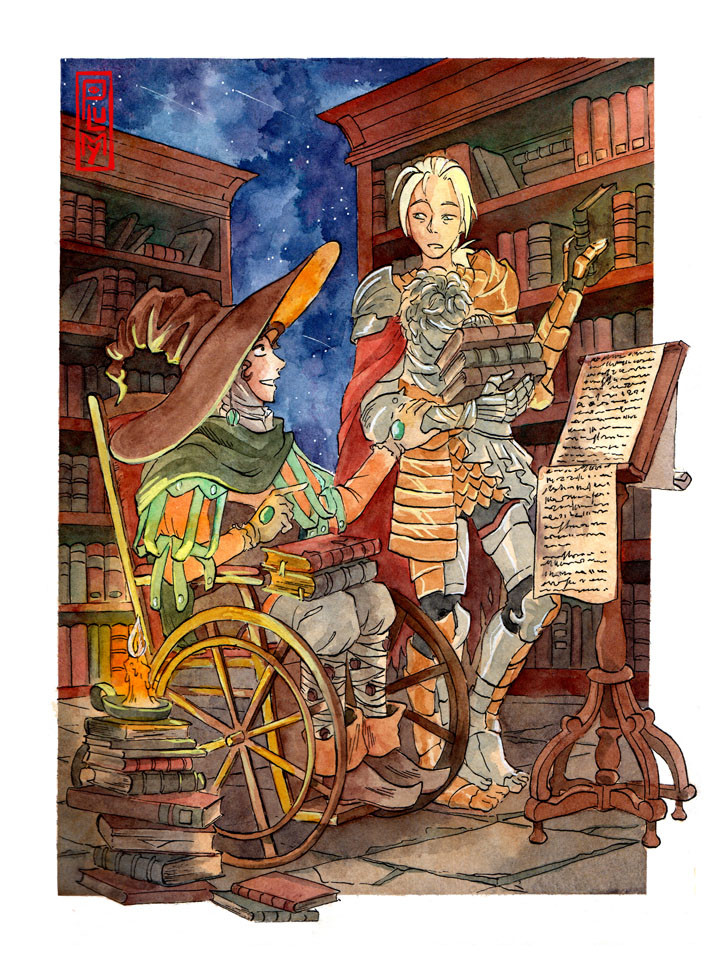 Fanart of D. and Rogier from Elden ring. Rogier is in a weelchair and D. is standing on his side with books in his arms. They are in a library, Rogier is talking to D. probably showing him which book he want him to grab.