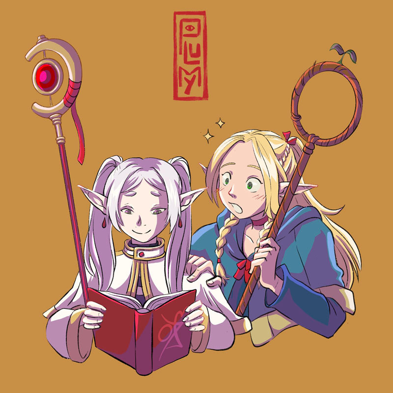 Frieren reading a book and Marcille from Dungeon Meshi looking over her shoulder with interest