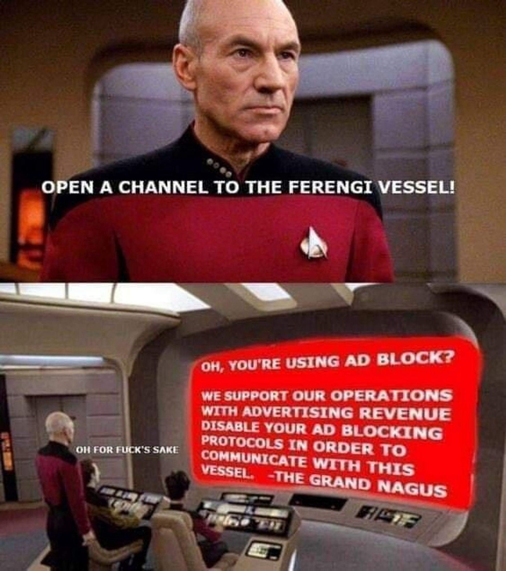 Captain Picard looks sternly at the main viewer. 
“OPEN A CHANNEL TO THE FERENGI VESSEL!”

White text on a red background appears on the view screen that reads “OH, YOU'RE USING AD BLOCK? WE SUPPORT OUR OPERATIONS WITH ADVERTISING REVENUE DISABLE YOUR AD BLOCKING PROTOCOLS IN ORDER TO COMMUNICATE WITH THIS VESSEL. 
-THE GRAND NAGUS”

Picard mutters “OH FOR FUCK'S SAKE”