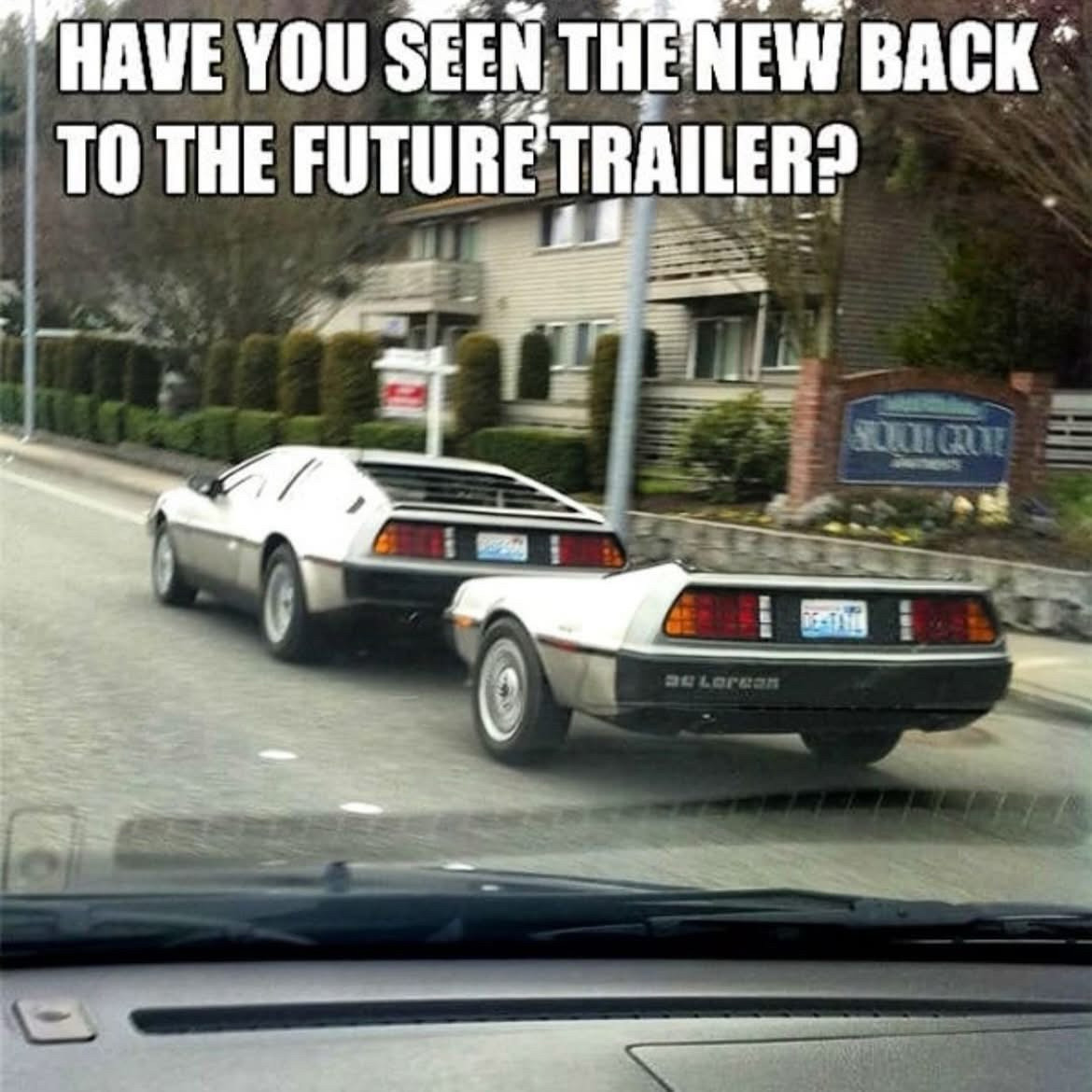 HAVE YOU SEEN THE NEW BACK TO THE FUTURE TRAILER?

Photo is a view of a DeLorean with a trailer attached. The trailer itself appears to be made from a cut down DeLorean. 
