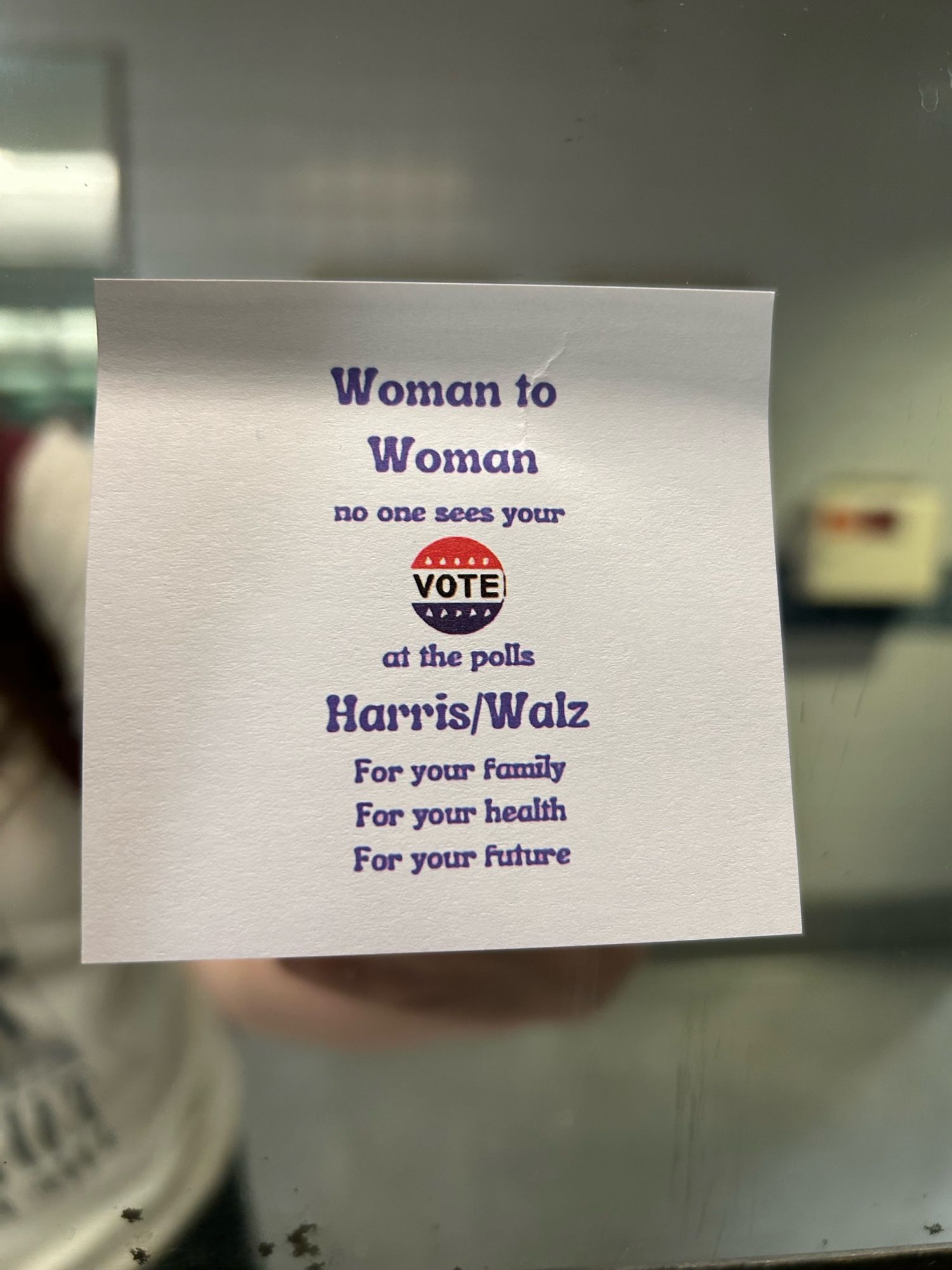 A sticker on a women’s bathroom mirror that says “Woman to Woman no one sees your vote at the polls [line break] Harris/Walz For your family For your health For your future”