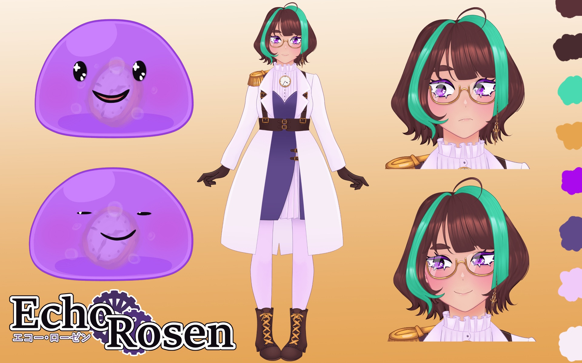 Ref sheet of Echo Rosen, VTuber , and her slime form. She’s a lady wearing a lolita inspired purple dress with a lab coat over it. She has her brown hair in a slightly wavy bob, with 2 green hair strands framing her face. She has a gold pocket watch on her chest. Her slime form is a typical purple slime with a silly expression, with a pocket watch inside her translucent body 