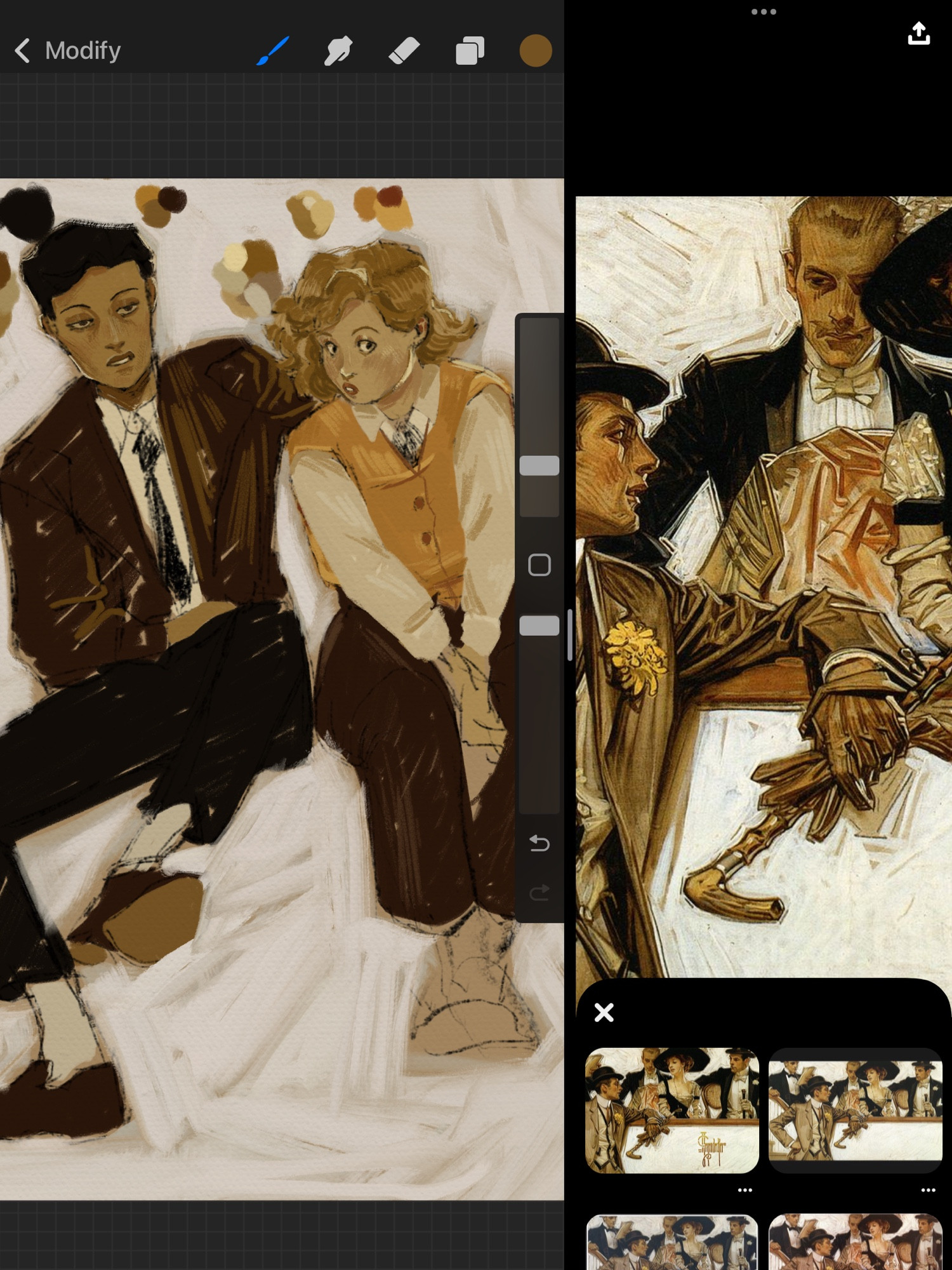 A split screen of a leyendecker painting on the right and two characters sitting on the left, attempting to mimic his style. The original drawing is of two women: Peggy and Salem. On the left, Salem is taller, tanner and she has short black hair. She’s wearing a suit, sitting with her legs spread and one knee up. She looks at the viewer with a serious/bored expression. On the right, Peggy’s a blonde young woman with short, curly hair and she’s wearing a vest with a shirt under and long trousers. She’s sitting properly with her hands between her knees, leaning slightly into Salem while looking at the viewer