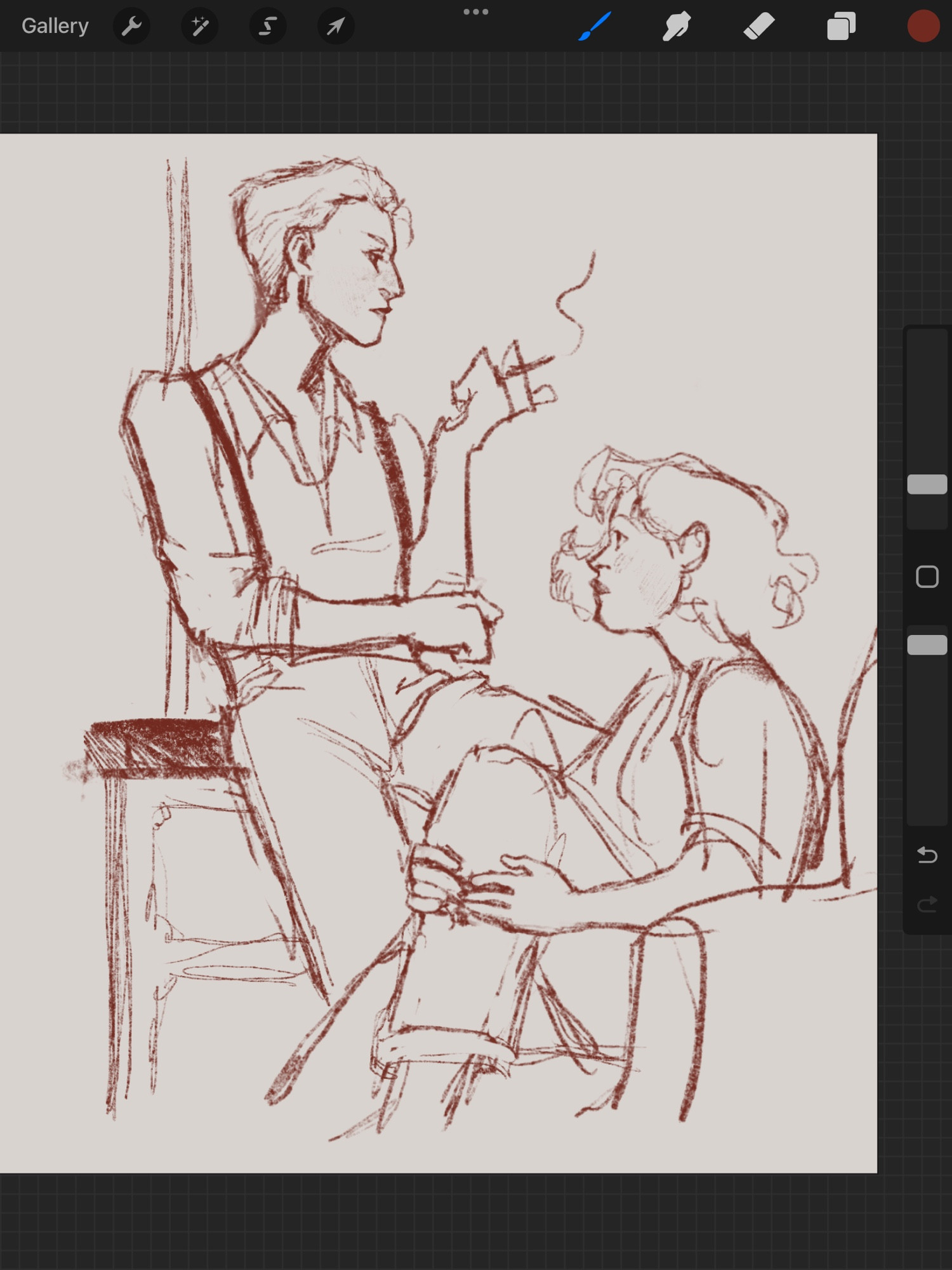 rough sketch of peggy and salem. peggy sits on a chair, looking at salem, one knee lifted and held between her hands, and salem stands and looks away, holding a cigarette with her left hand