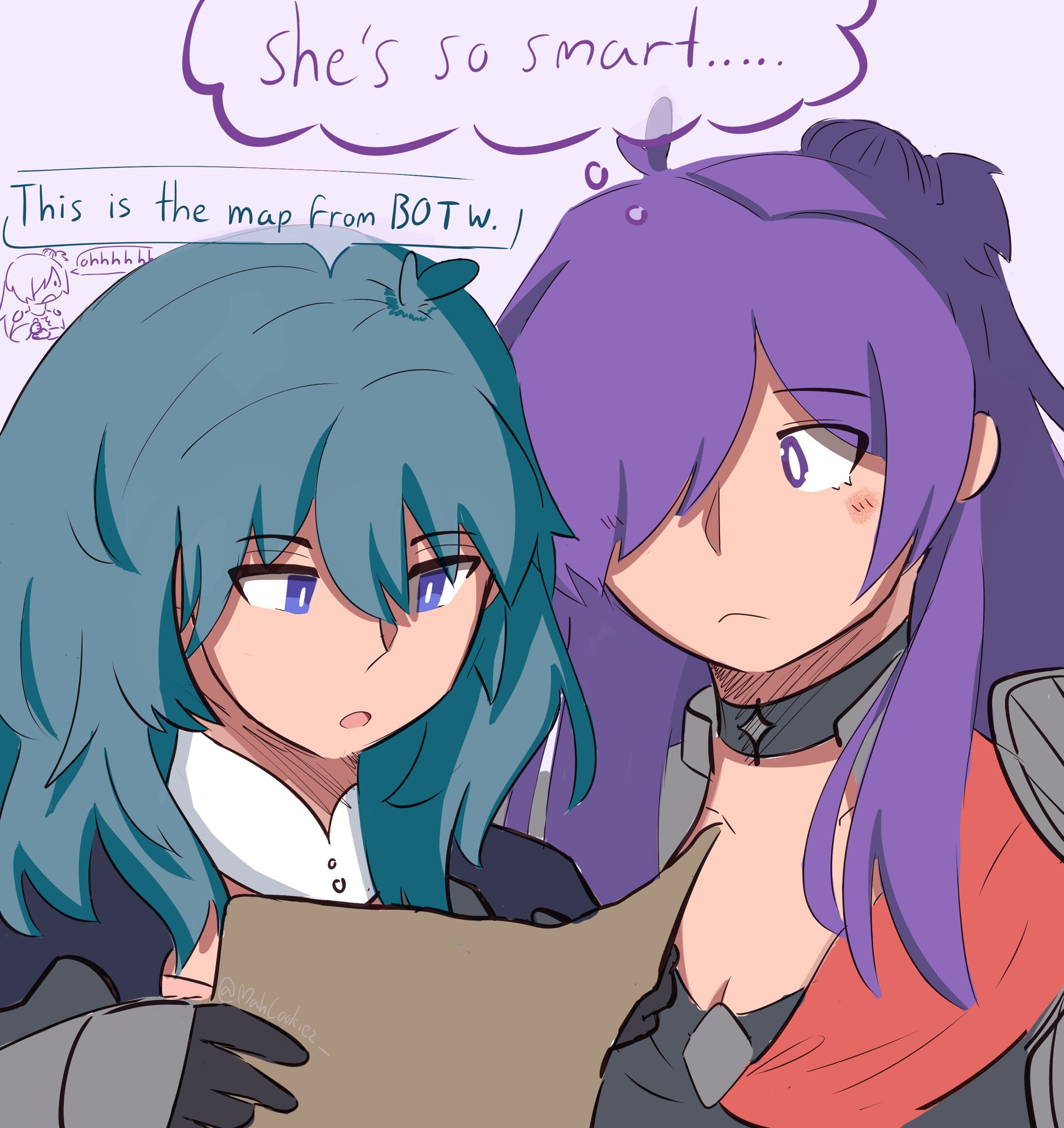 Byleth and Shez, Shez says "she's so smart" and Byleth says while looking at a map, "This is the map from Breath of the Wild." There is a mini Shez in the corner that says "ohhhhh."