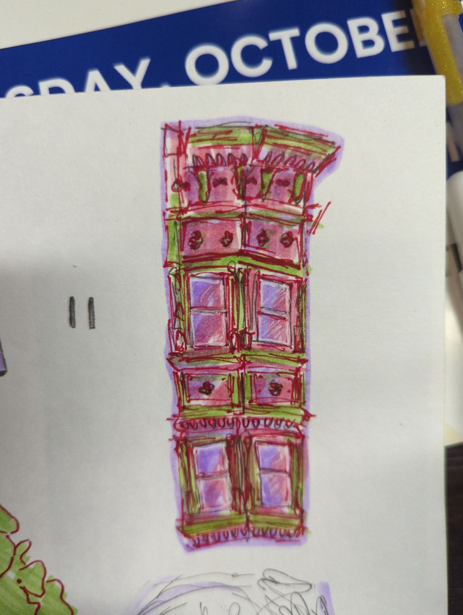 A quick sketch in highlighter pink purple and green of the side view of a townhouse with two layers of windows and lots of ornamentation