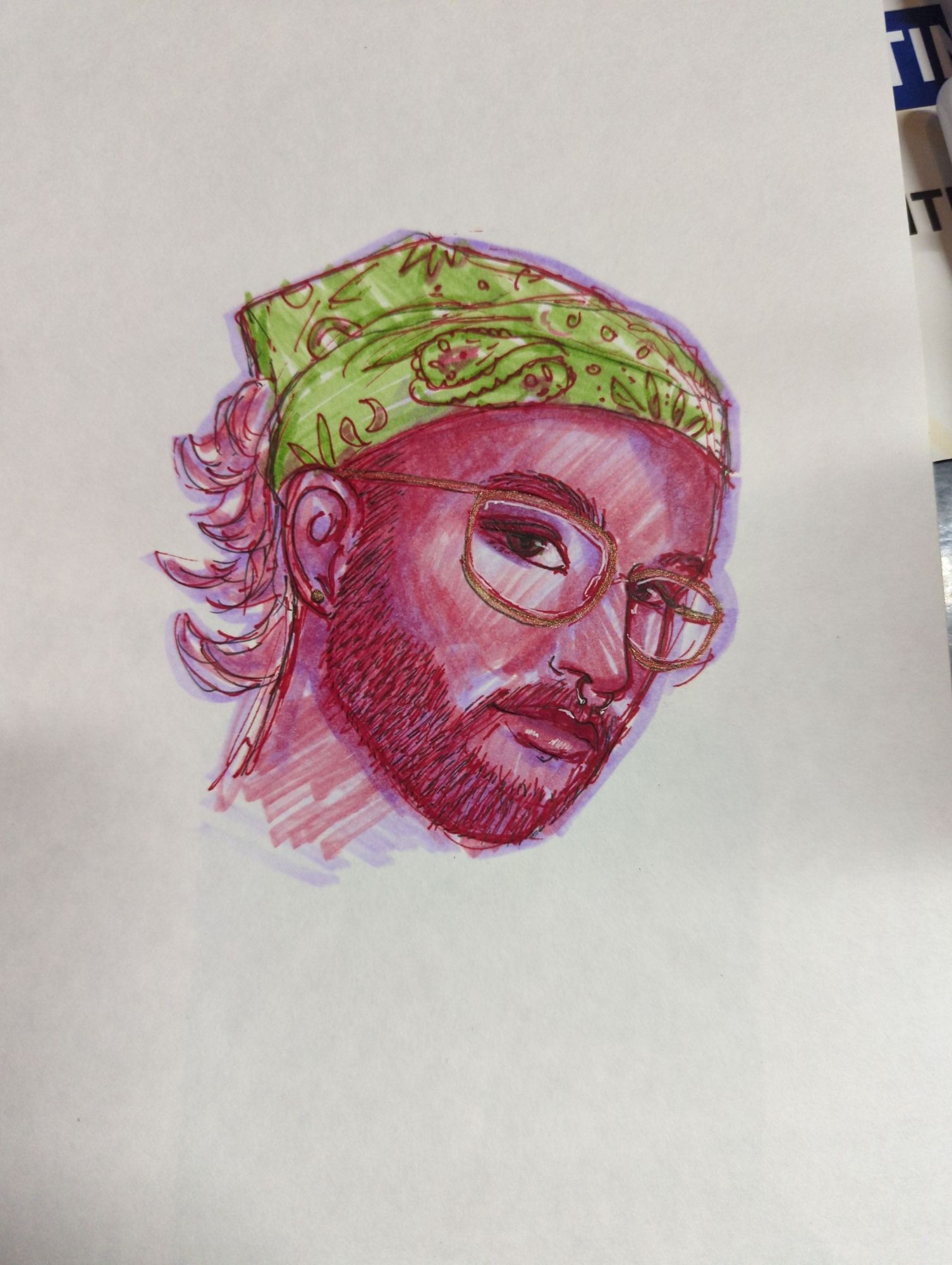 A sketch of a bearded man's face with pink and purple and green highlighter and gold gel pen details