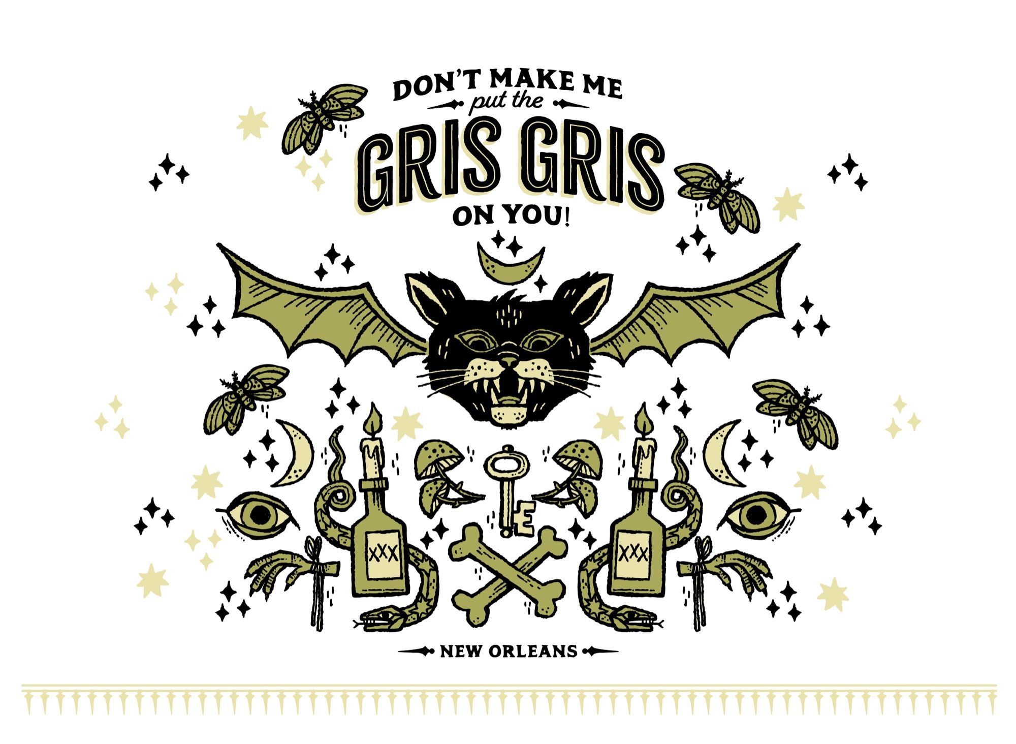 Kitchen towel design by artist and illustrator Denise Gallagher. Type reads, “Don’t Make Me Put the Gris Gris on You!” The design features a howling black cat with bat wings, moths, candles in bottles, crescent moons, evil eyes, snakes, chicken feet and crossed bones. Created in black and olive.