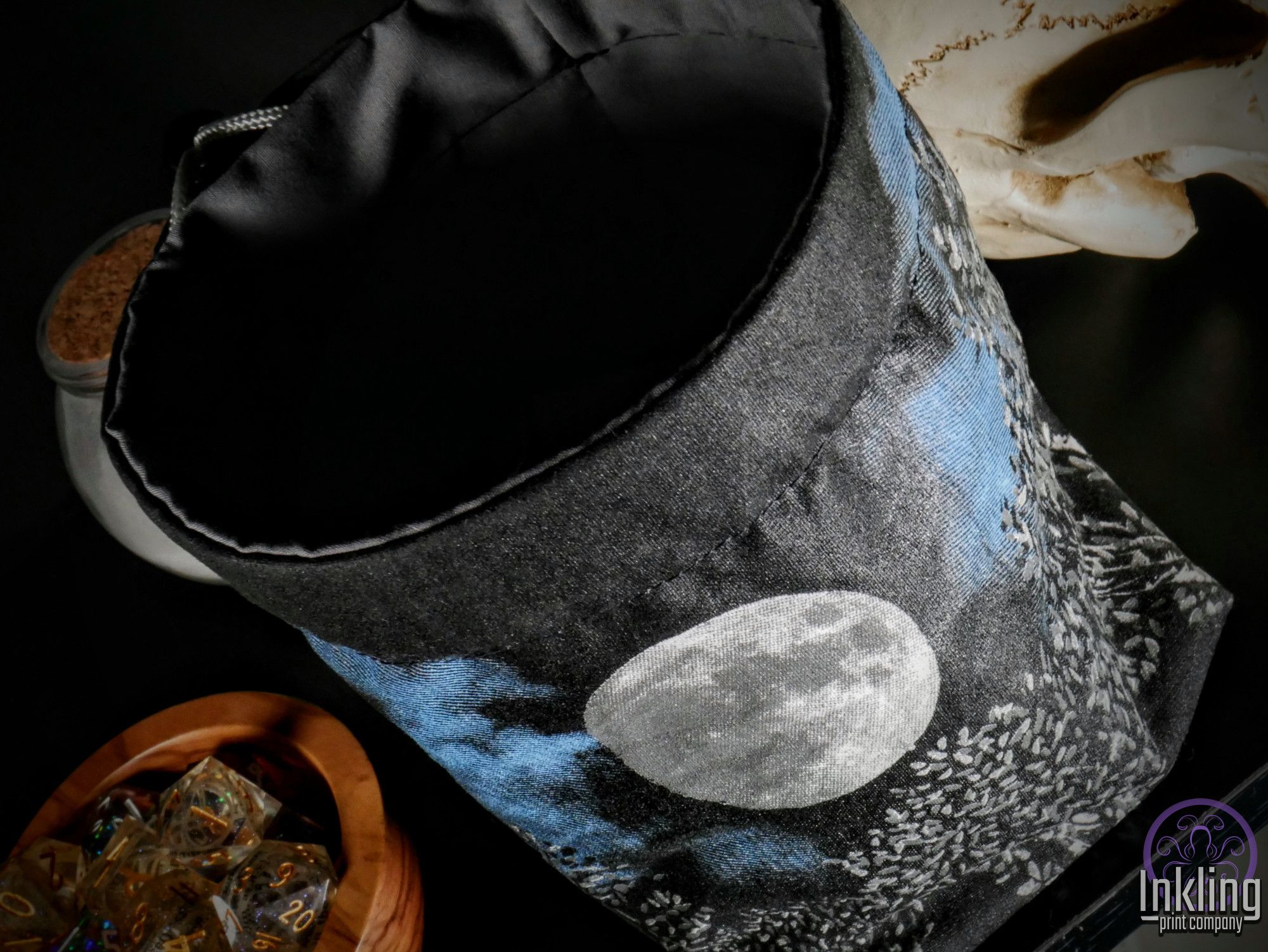 A top down look of the bag, showing detail in the big full moon