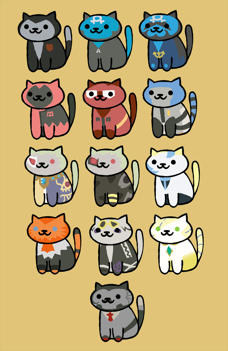 A drawing of several Pokémon game villains as Neko Atsume cats. In order: Giovanni, Ruby/Sapphire/Emerald Archie, Omega Ruby/Alpha Sapphire Archie, Ruby/Sapphire/Emerald Maxie, Omega Ruby/Alpha Sapphire Maxie, Cyrus, Black/White Ghetsis, Black 2/White 2 Ghetsis, Colress, Lysandre, Guzma, Lusamine, and Rose. 