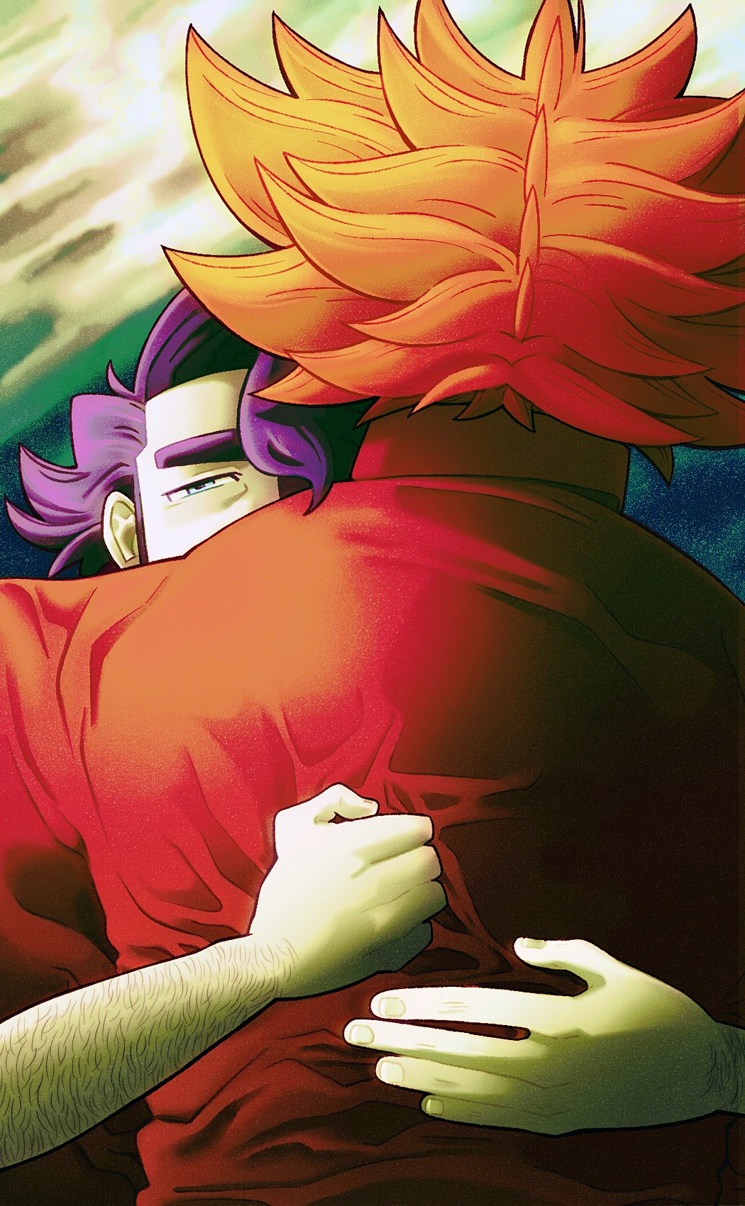 A full-color illustration of Professor Augustine Sycamore and Lysandre from Pokémon X&Y hugging. Lysandre has his back to the viewer and only half of Sycamore's face is visible over his shoulder. Sycamore is grasping Lysandre's shirt tightly with one hand, wrinkling it around his fist, his other hand simply resting on his back. The background is a sky in stormy colors.