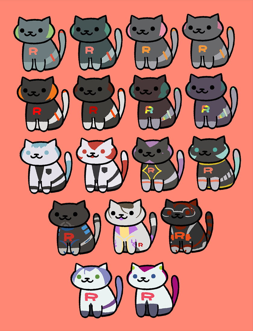 A drawing of several Team Rocket and Team Rocket GO members as Neko Atsume cats. In order: every design of Team Rocket Grunts including Rainbow Rocket, Archer, Ariana, Petrel, Proton, Cliff, Sierra, Arlo, and James and Jessie from the anime.