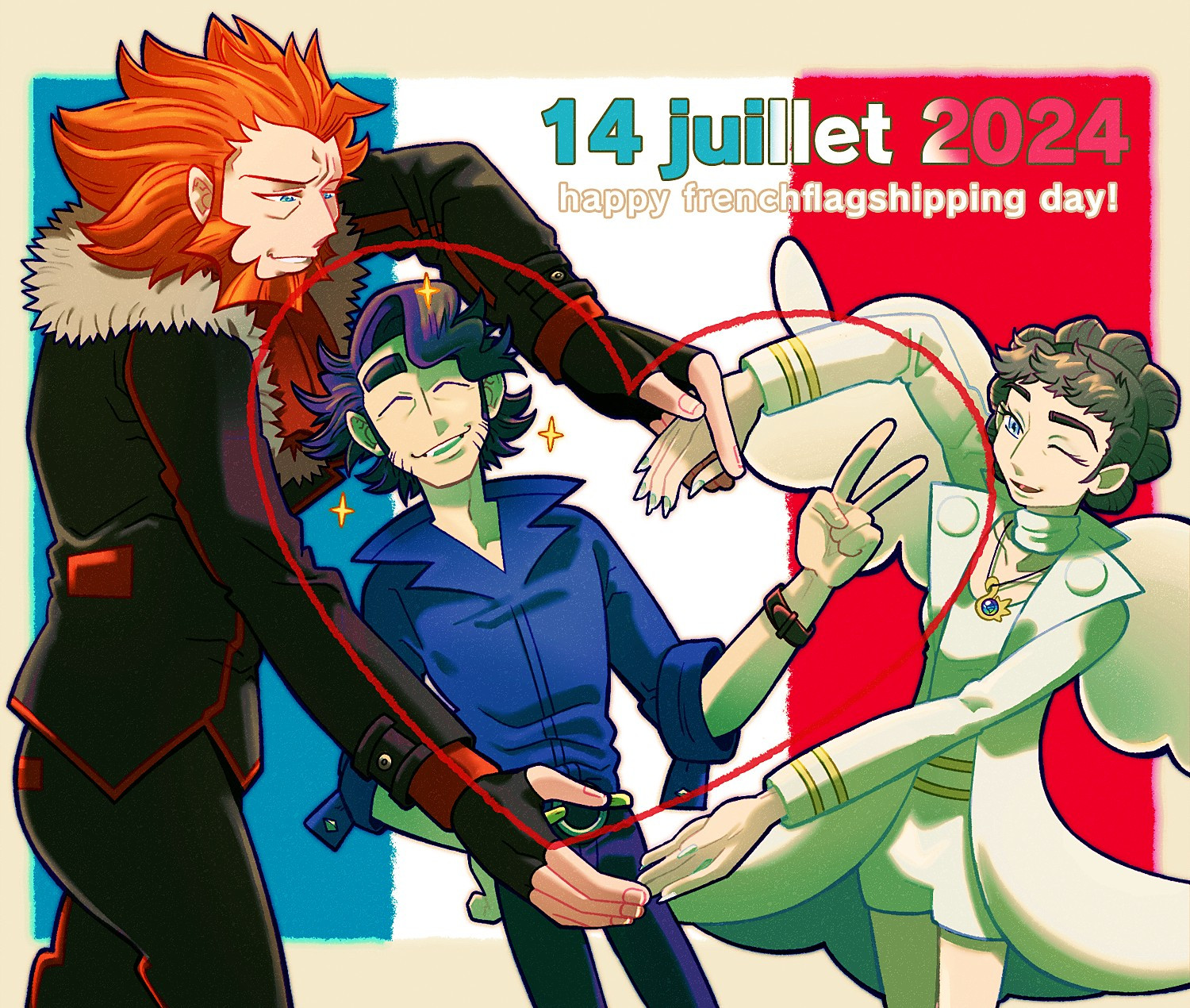 Pokémon X&Y full color fanart illustration depicting Lysandre, Professor Augustine Sycamore, and Diantha.

Sycamore is in the middle, leaning toward the left and doing a peace sign with one hand while the other rests on his hip. He's smiling and surrounded by sparkles. Lysandre, to his left, and Diantha, to his right, are making a heart shape with their arms around him. Both are smiling. There's also the red outline of a heart around Sycamore.

The background is light orange with a French (or Kalosian) flag on top. The text "14 juillet 2024, happy frenchflagshipping day!" can be read in the top right.