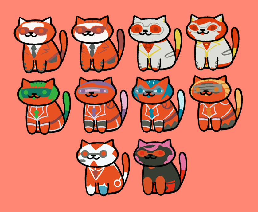 A drawing of several Team Flare members as Neko Atsume cats. In order: Team Flare grunts, Team Flare admins, Bryony, Celosia, Mable, Aliana, Xerosic, and Malva.