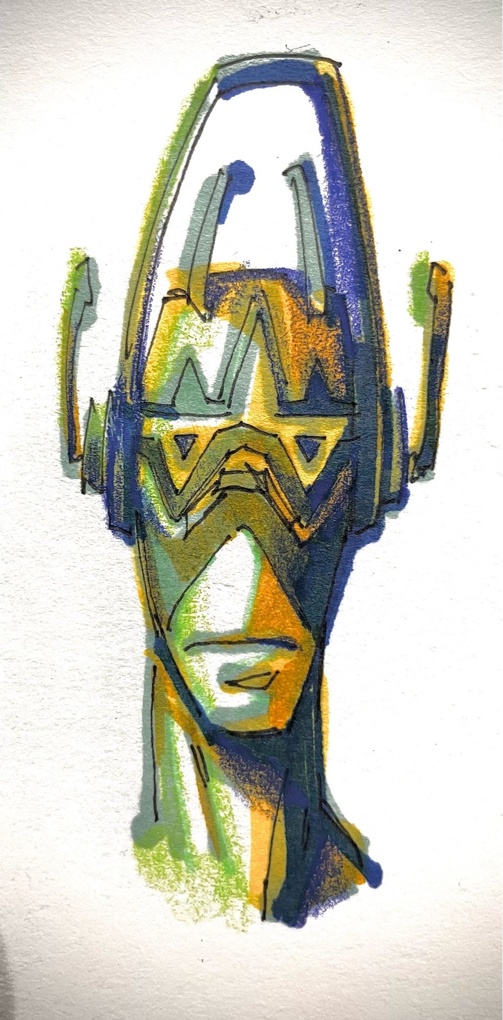 A drawing of Ridel, a male robot with angular decals on the upper half of his face where his eyes would be and antennae that make him resemble an alien.