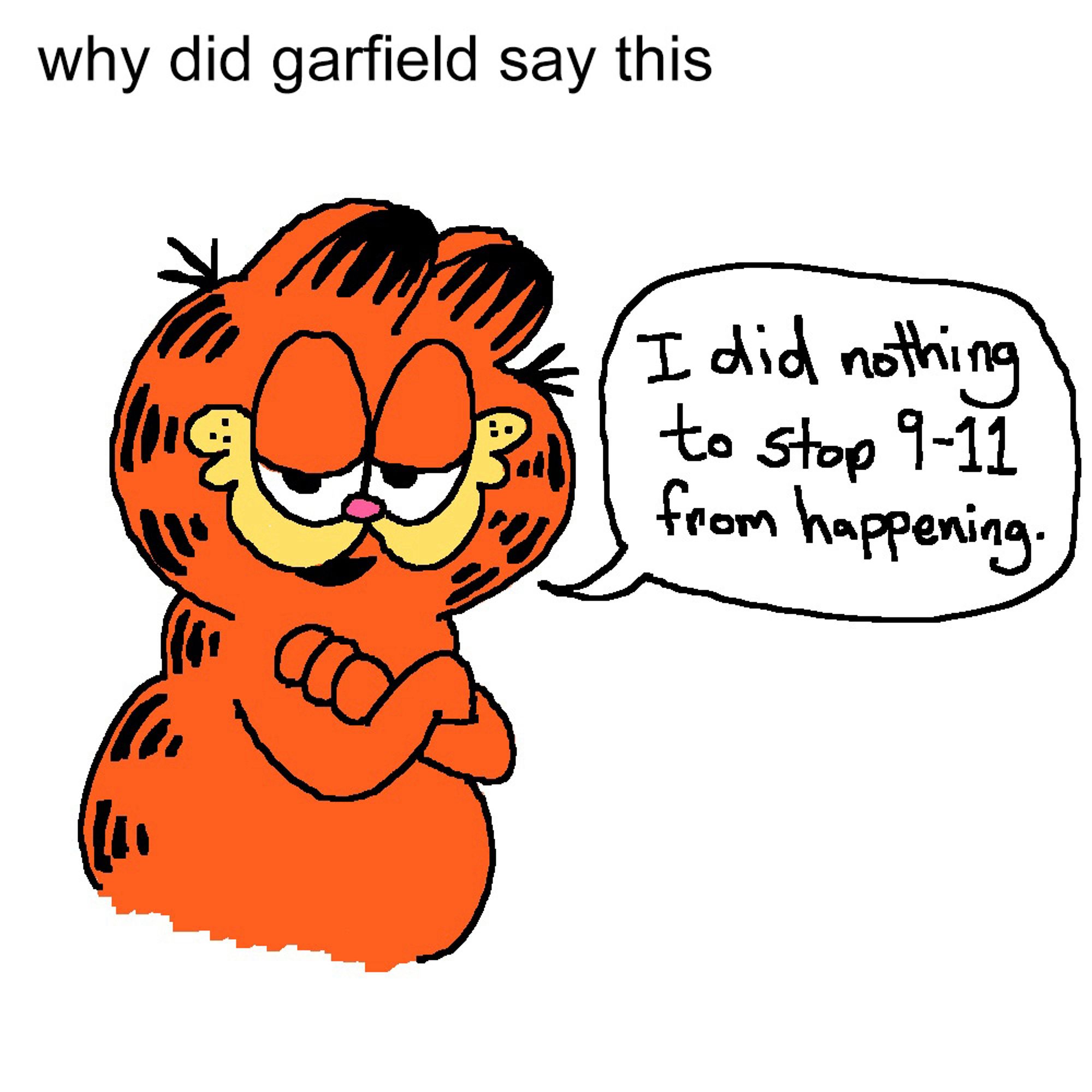 Why did Garfield say this?

Drawing of Garfield saying ‘I did nothing to stop 9-11 from happening’